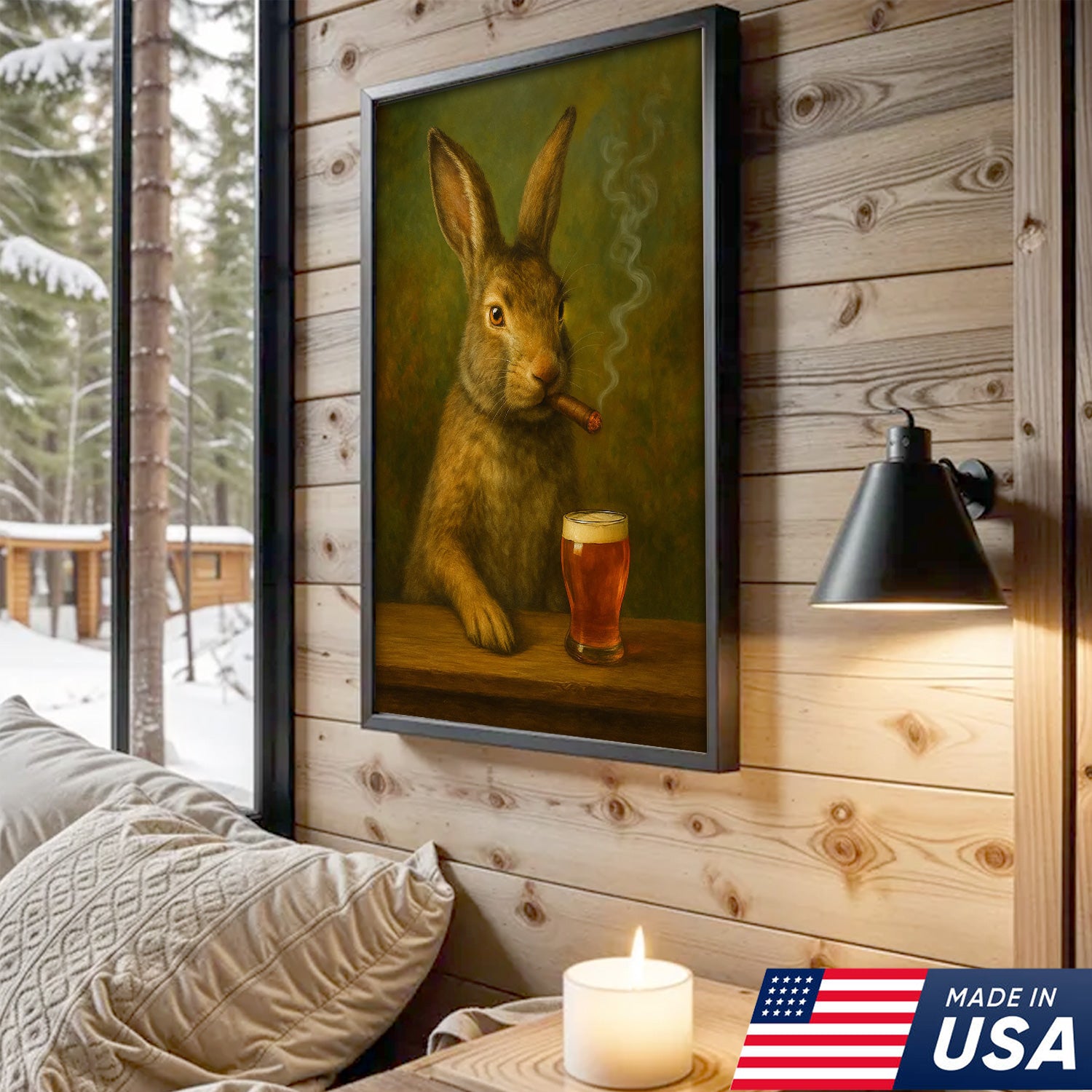 Funny Rabbit Smoking and Drinking Cocktail Glasses Canvas Wall Art – Rustic Cabin Decor