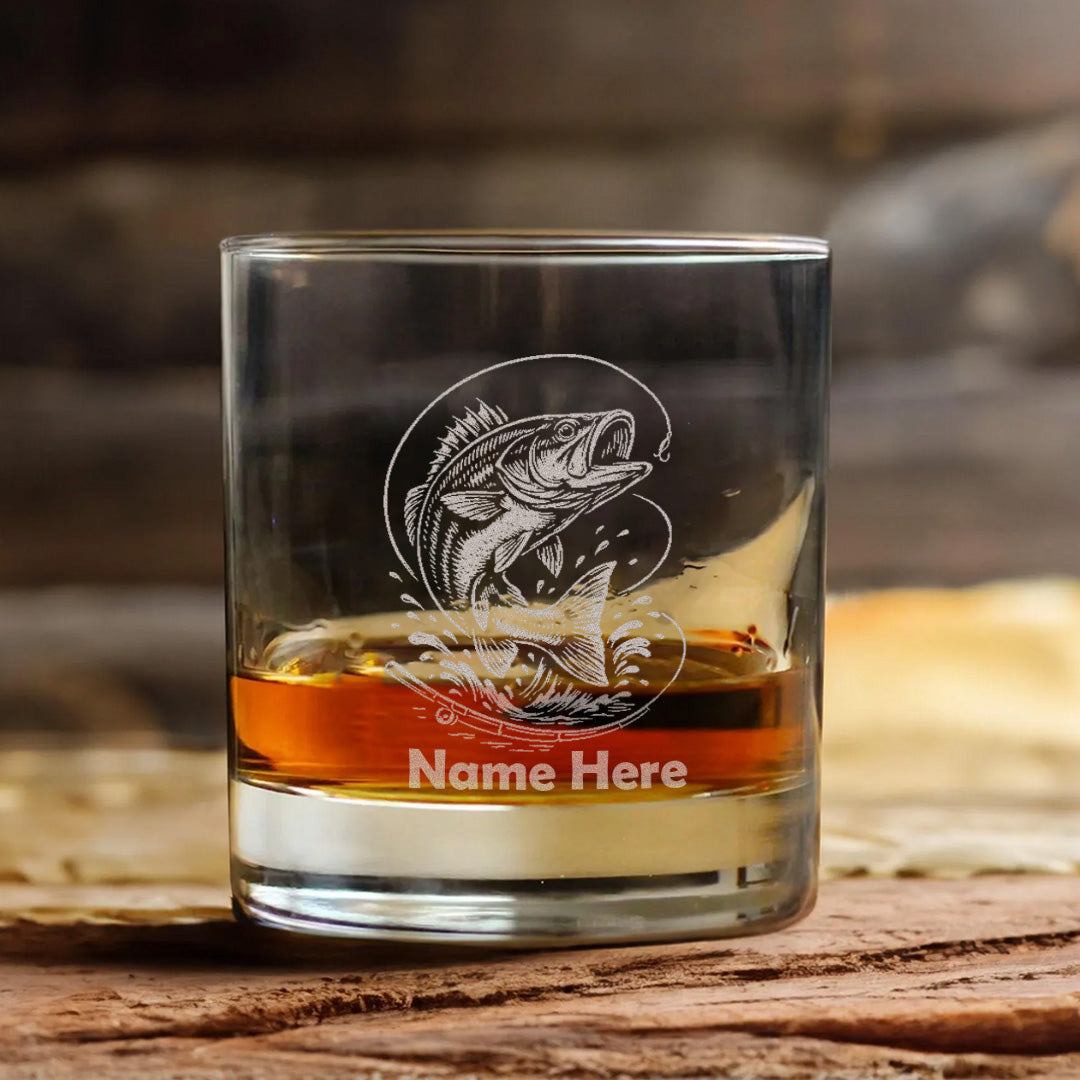 Custom Name Bass Fishing Whiskey Glass – Personalized Engraved Fisherman Gift 2025 Limited Edition