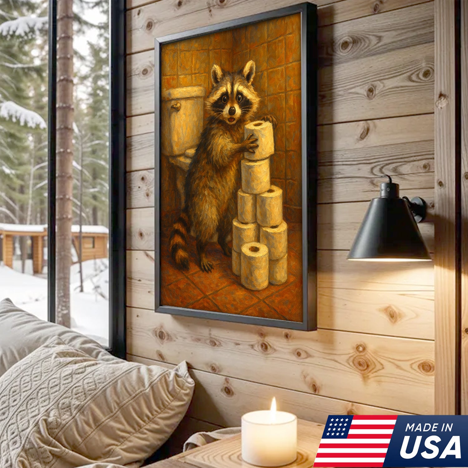 Funny Raccoon Canvas Wall Art – Cute Animal Bathroom Decor with Toilet Paper for Rustic Cabin & Home