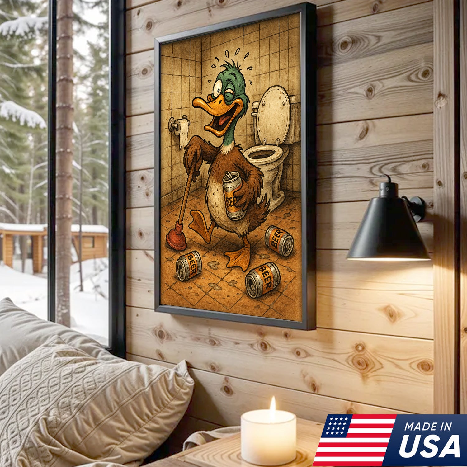 Funny Duck Canvas Wall Art – Hilarious Bathroom Decor with Soda Cans and Plunger for Rustic Cabin & Home
