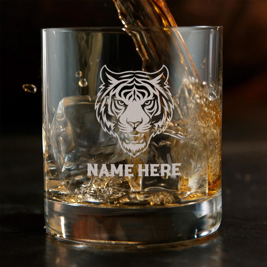 Personalized Tiger Engraved Whiskey Glass – Custom Name Rocks Glass Gift for Bold Whiskey Drinkers & Hunters