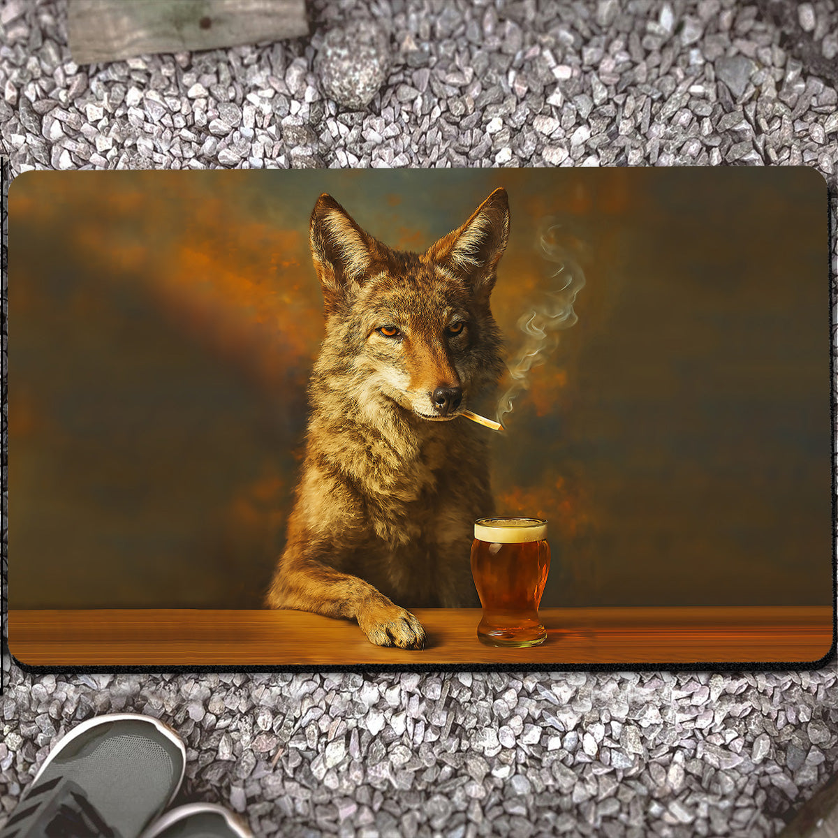 Wolf Smoking & Bar Glassware Doormat – Funny Animal Floor Mat for Hunters, Bars & Man Cave Decor
