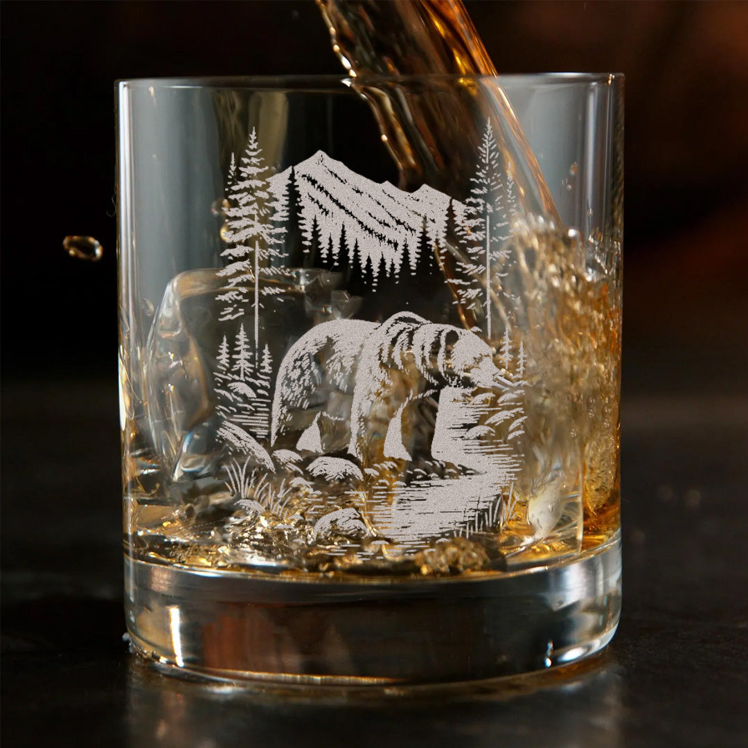 Bear Forest Engraved Whiskey Glass, Rustic Barware Gift for Hunters, Outdoorsmen & Whiskey Lovers