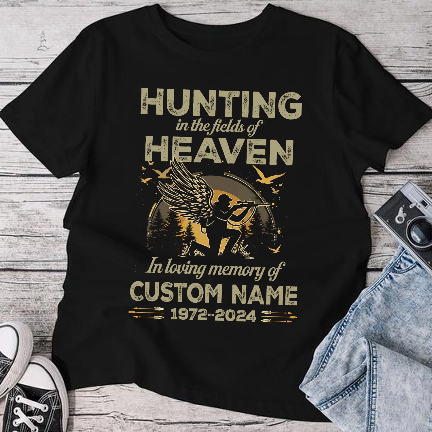 Personalized Hunting In The Fields Of Heaven Memorial T-Shirt – In Loving Memory Gift