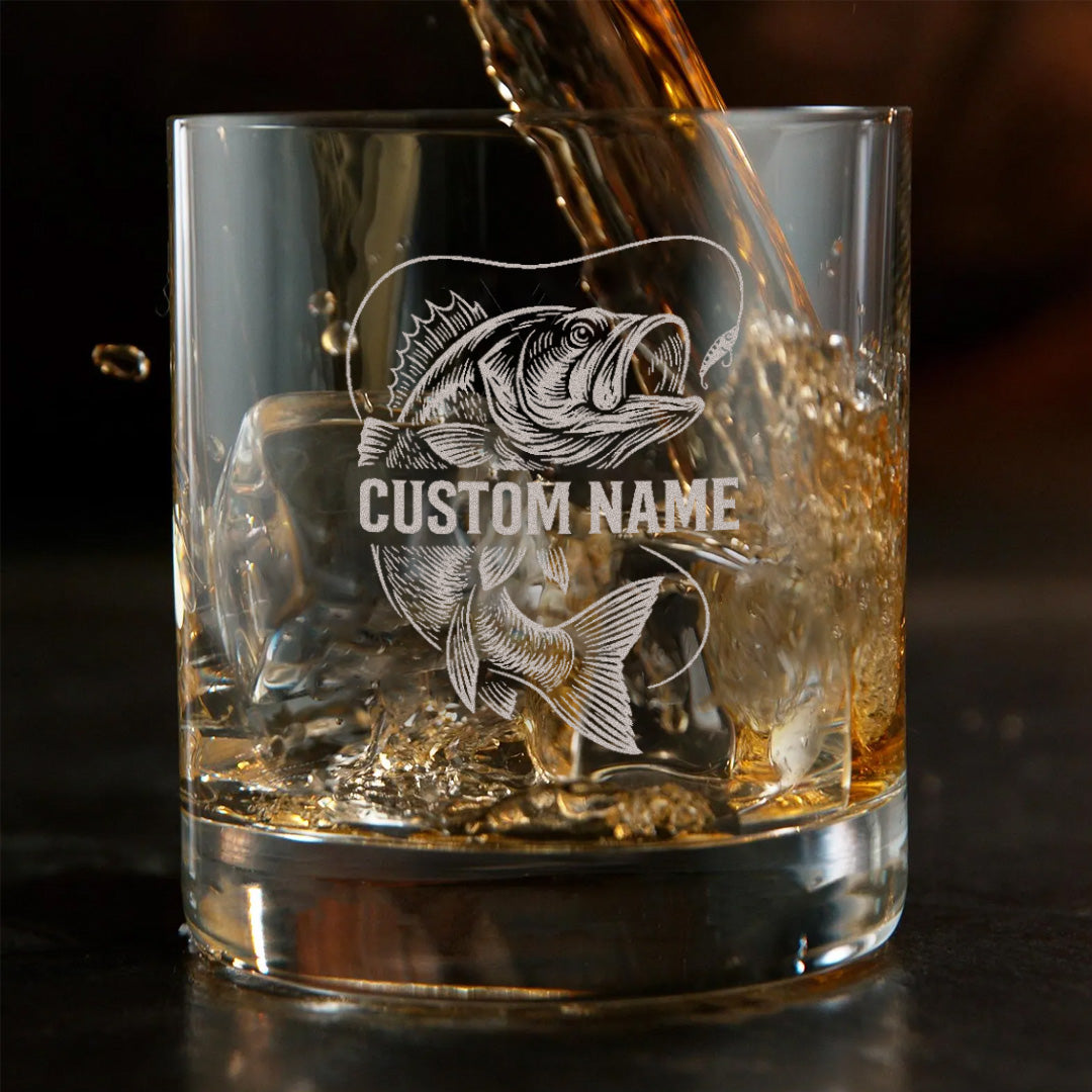 Personalized Whiskey Glass – Bass Fish Engraved Custom Glass, For Fishing Lovers, Man Cave Decor