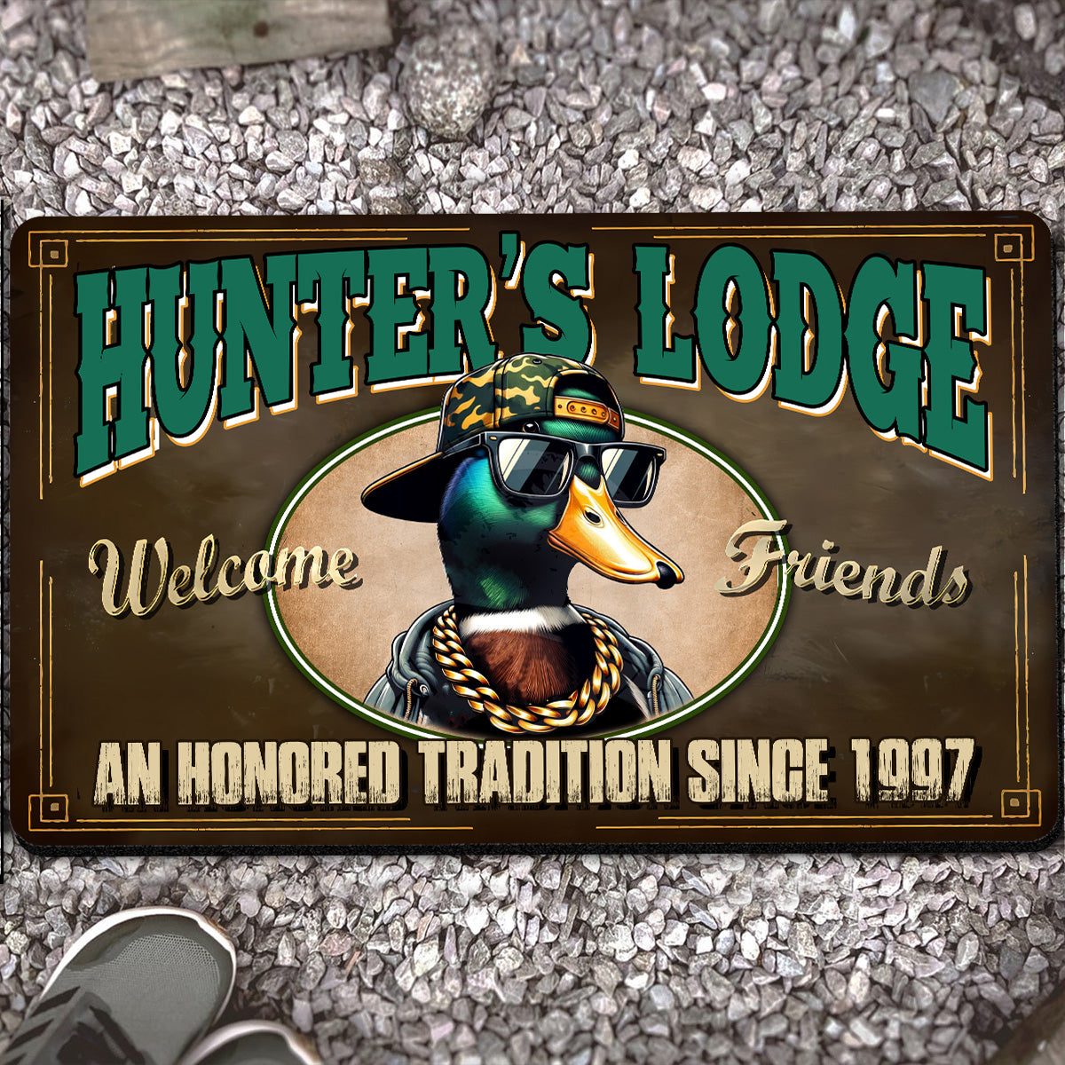 Personalized Hunter’s Lodge Duck Doormat – Funny Hunting Welcome Mat with Custom Year, Rustic Cabin & Lodge Decor
