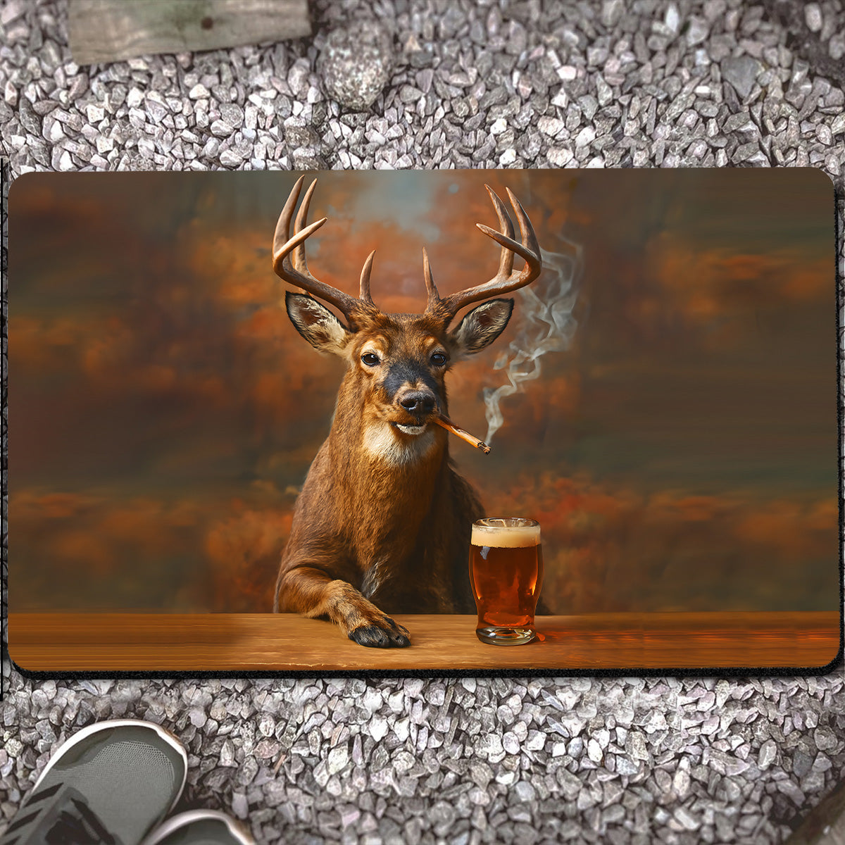 Deer Smoking & Bar Glassware Doormat – Funny Hunting Cabin Rug, Man Cave & Outdoor Decor Gift