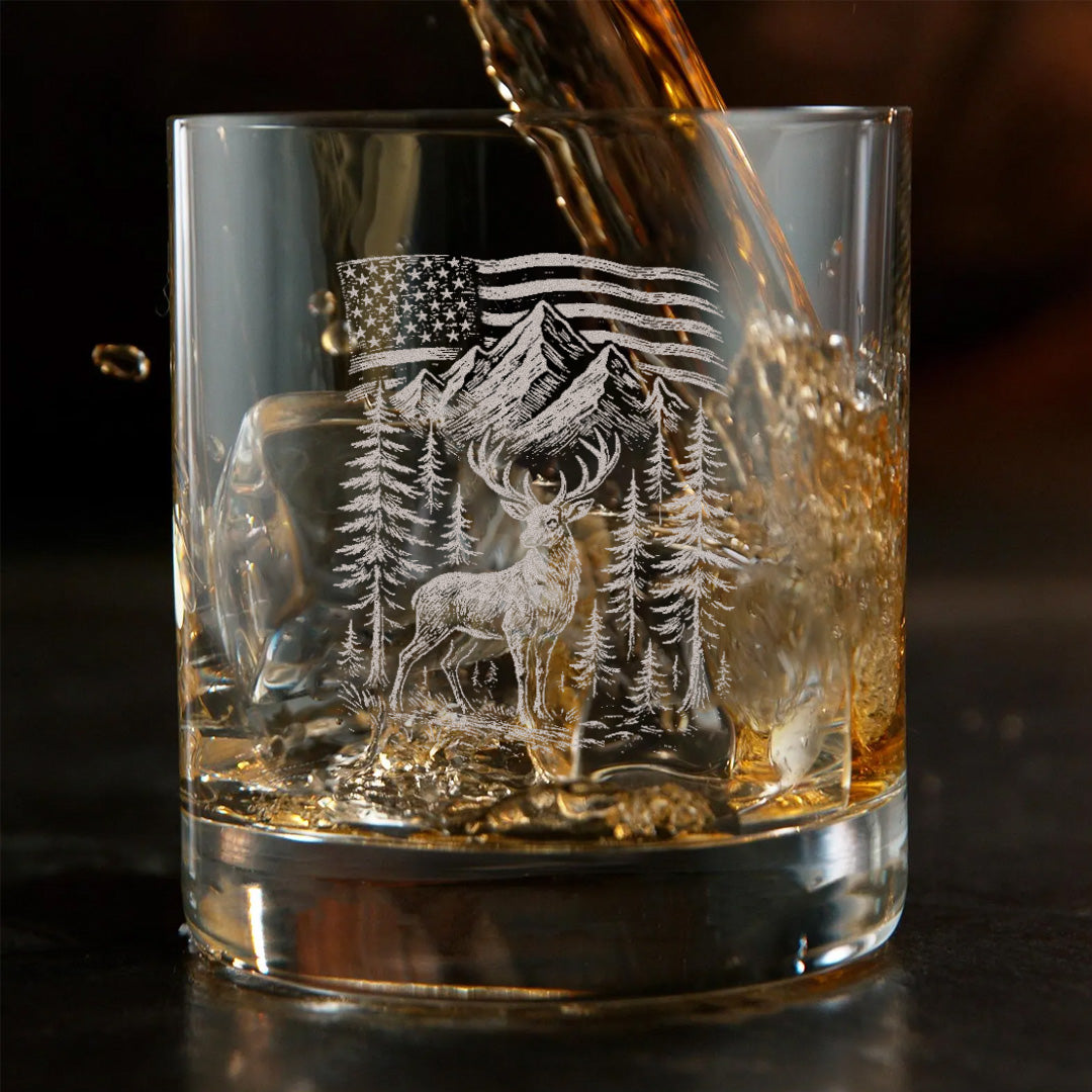 Patriotic Deer Whiskey Glass – Custom Engraved American Flag Hunting Gift for Outdoorsmen 2025 Limited Edition