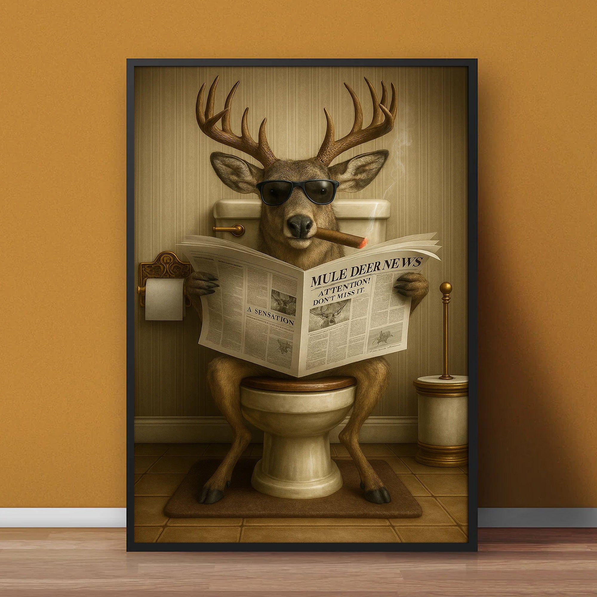 Funny Mule Deer Newspaper Bathroom Canvas Wall Art – Wildlife Animal Poster - Unique Gift for Dad, Hunters & Outdoorsmen