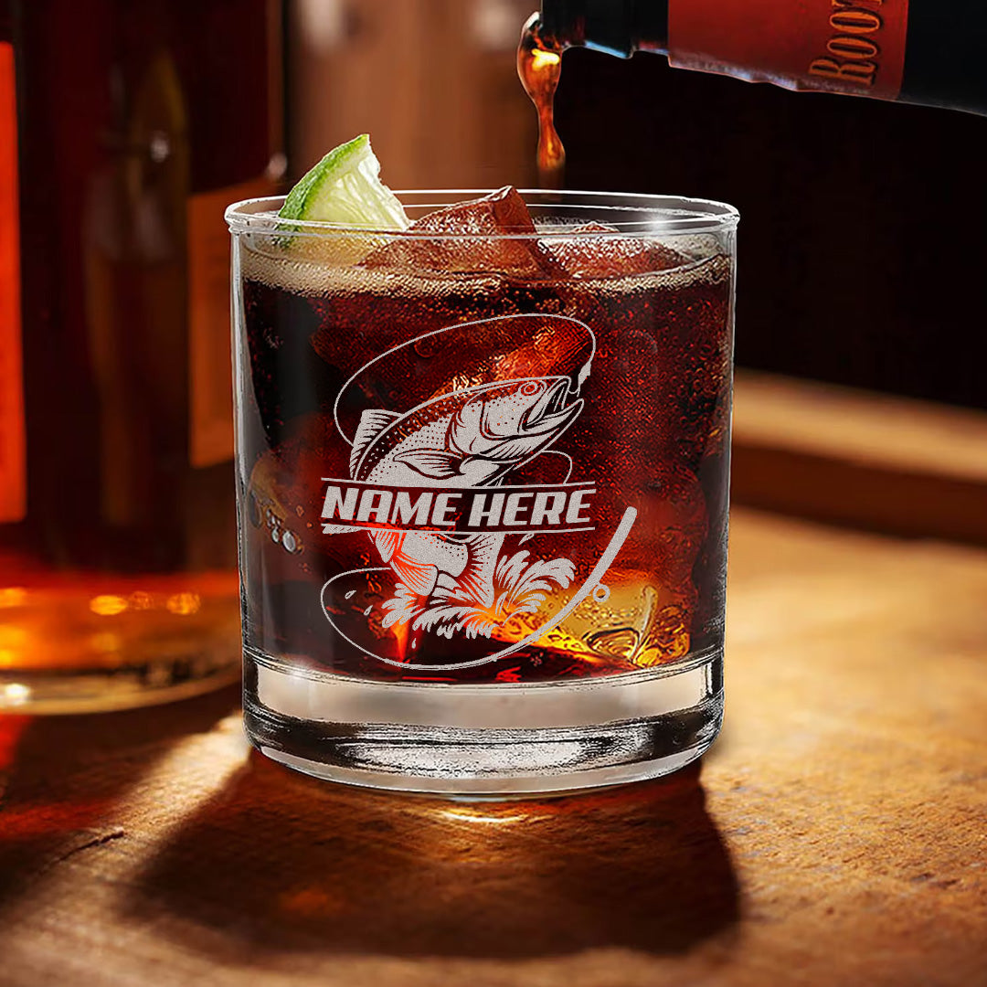 Custom Name Trout Fishing Whiskey Glass – Personalized Engraved Fly Fisherman Gift