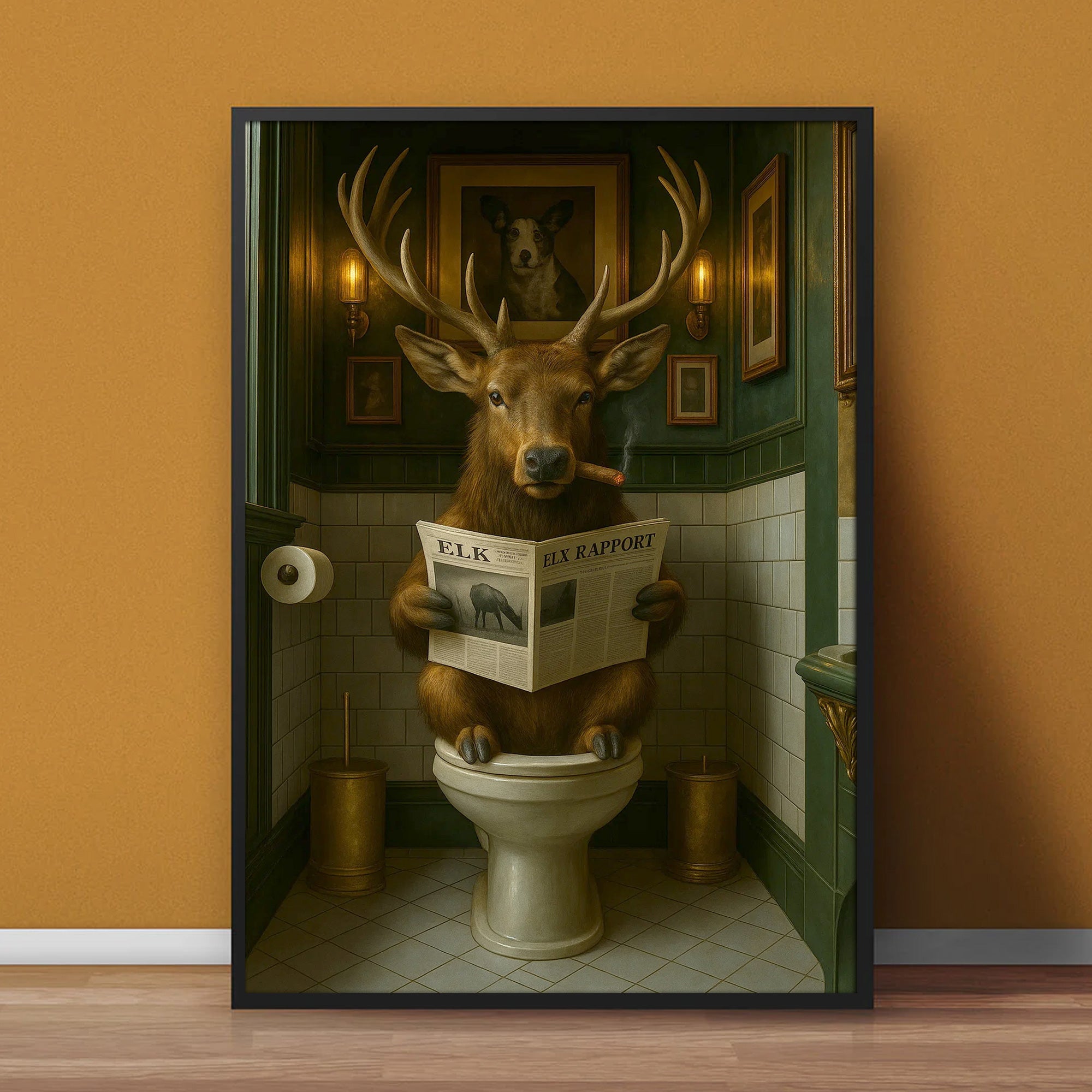 Funny Elk Bathroom Canvas – Smoking-Smoking Deer Reading Newspaper on Toilet - Rustic Cabin Wall Art for Hunters