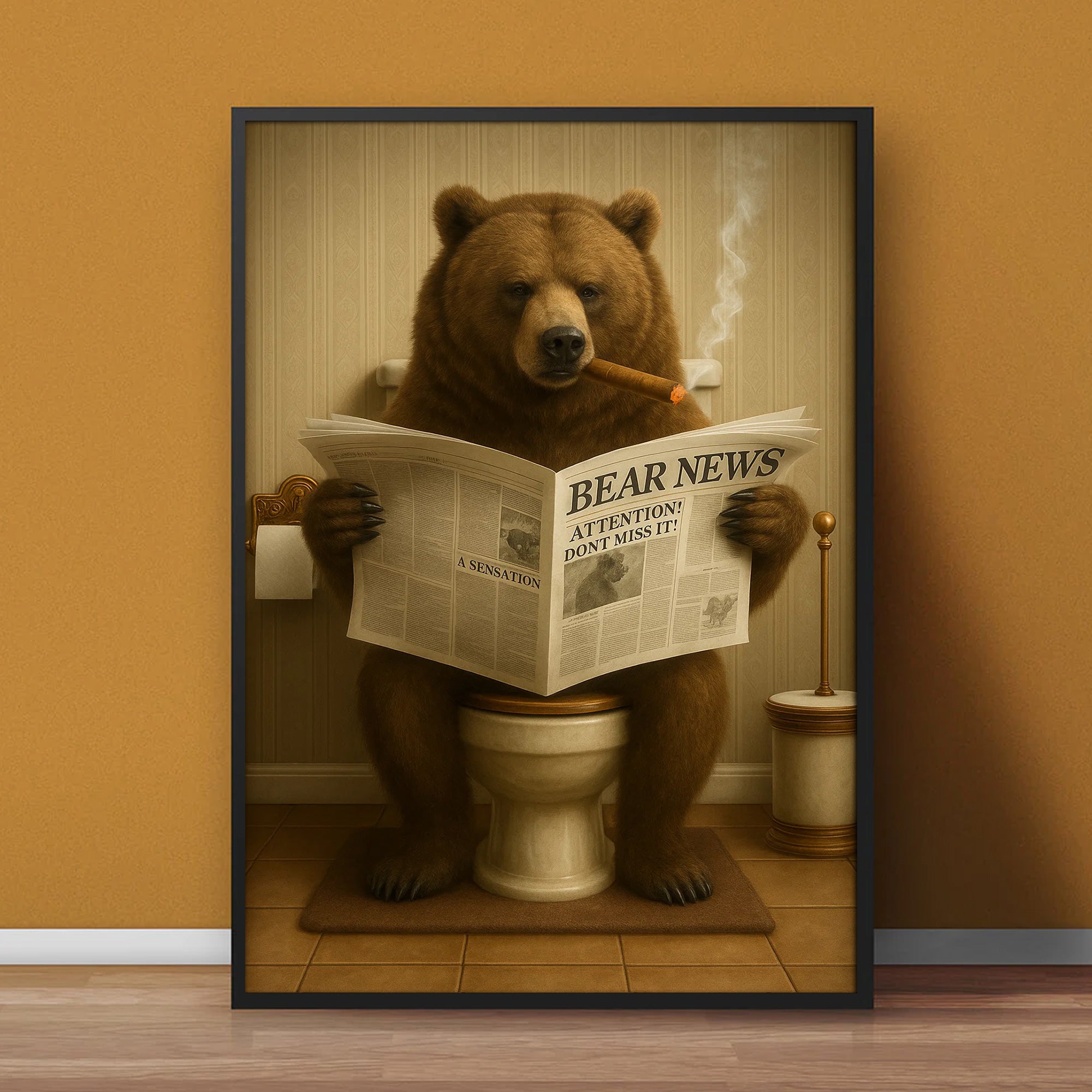 Grizzly Bear Bathroom Canvas – Funny Cabin Decor with Bear Hunting on Toilet Reading Newspaper - Gift for Outdoorsmen