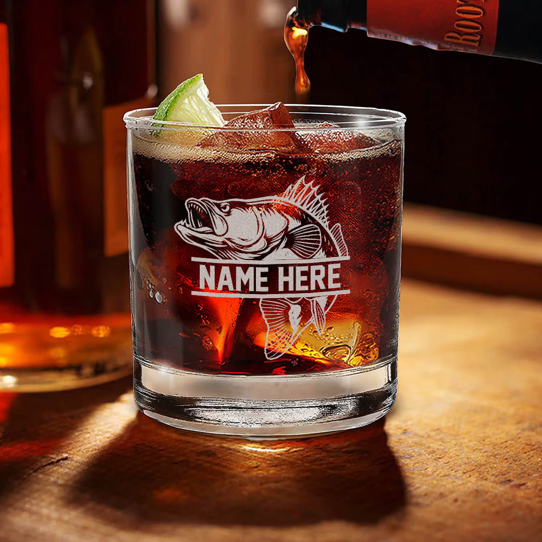 Personalized Engraved Whiskey Glass, Custom Fishing Rocks Glass, Gift for Fishermen, Rustic Barware