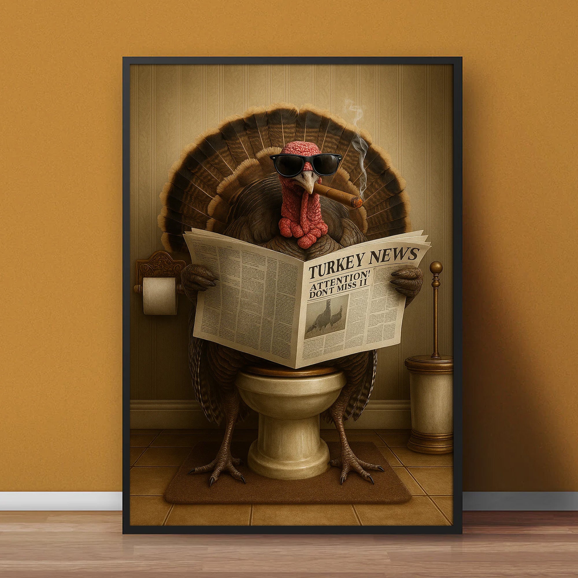 Turkey Reading News Smoking Bathroom Wall Art – Rustic Decor for Men, Hilarious Gift for Men, Hunter