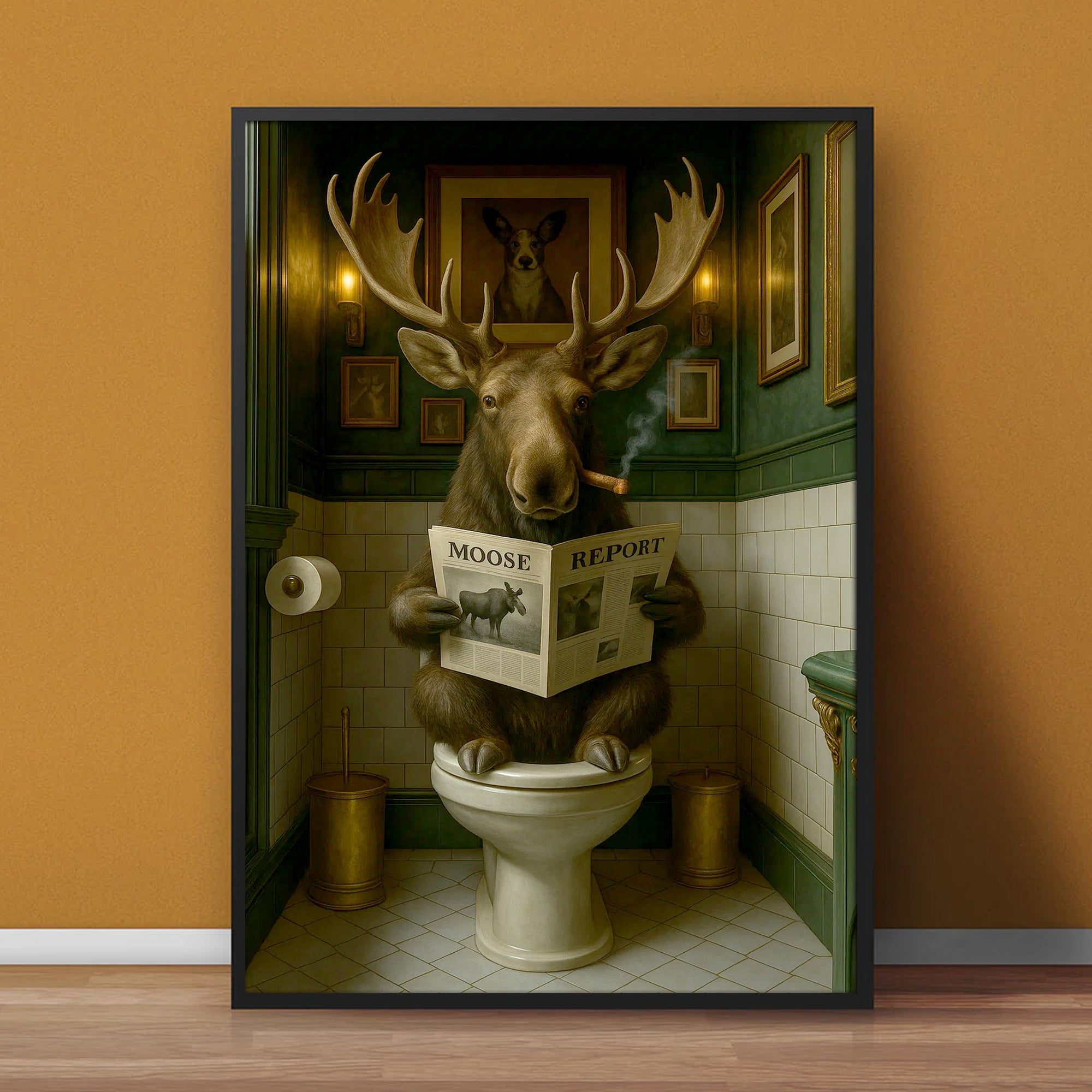 Funny Moose Bathroom Poster Canvas – Rustic Lodge Wall Art with Moose Reading ‘Moose Report’ - Gift for Hunters & Men