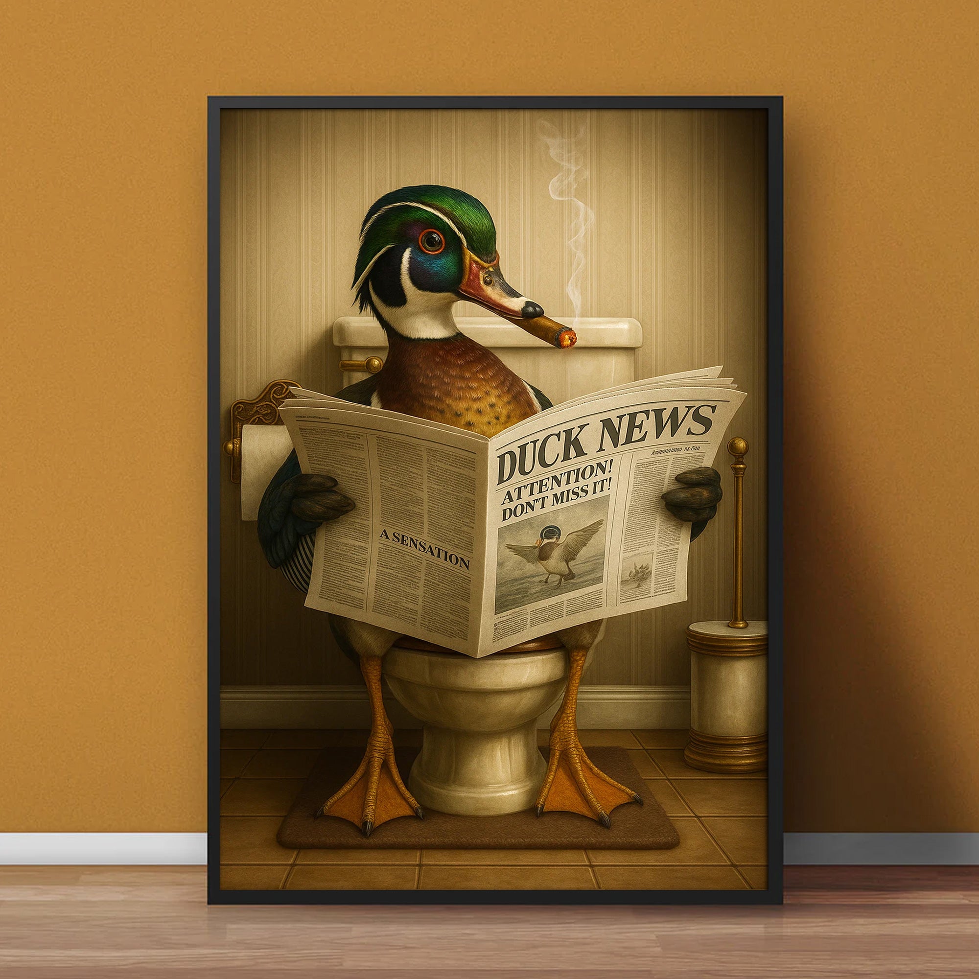 Funny Wood Duck Read Newspaper Bathroom Canvas – Hunting Wildlife Animal Poster - Unique Gift for Dad, Hunters