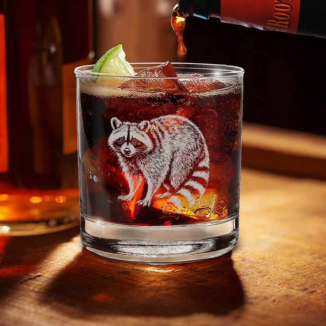 Wildlife Raccoon Engraved Whiskey Glass – Custom Rocks Glass Gift for Hunters & Wildlife Lovers