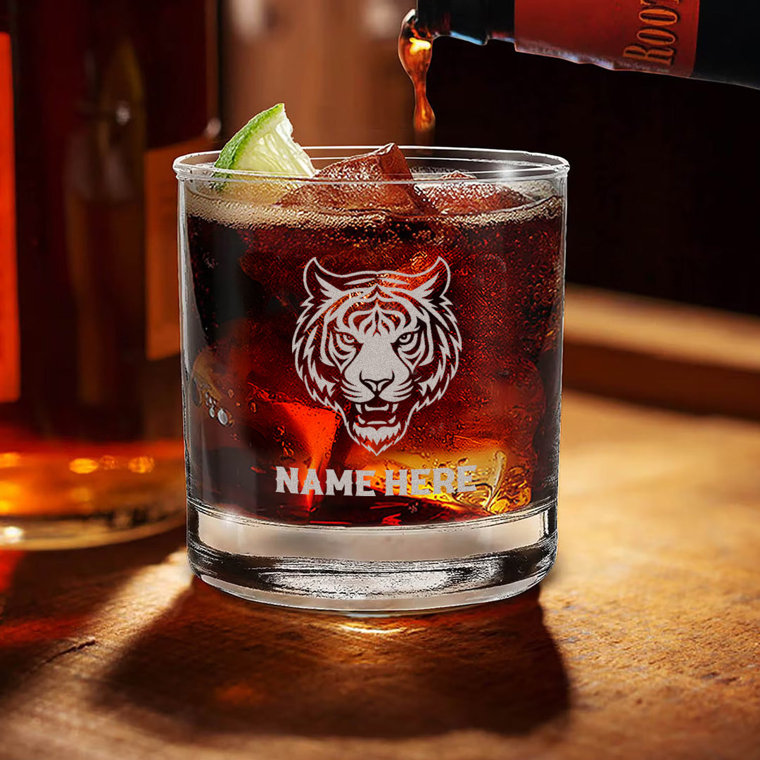 Personalized Tiger Engraved Whiskey Glass – Custom Name Rocks Glass Gift for Bold Whiskey Drinkers & Hunters