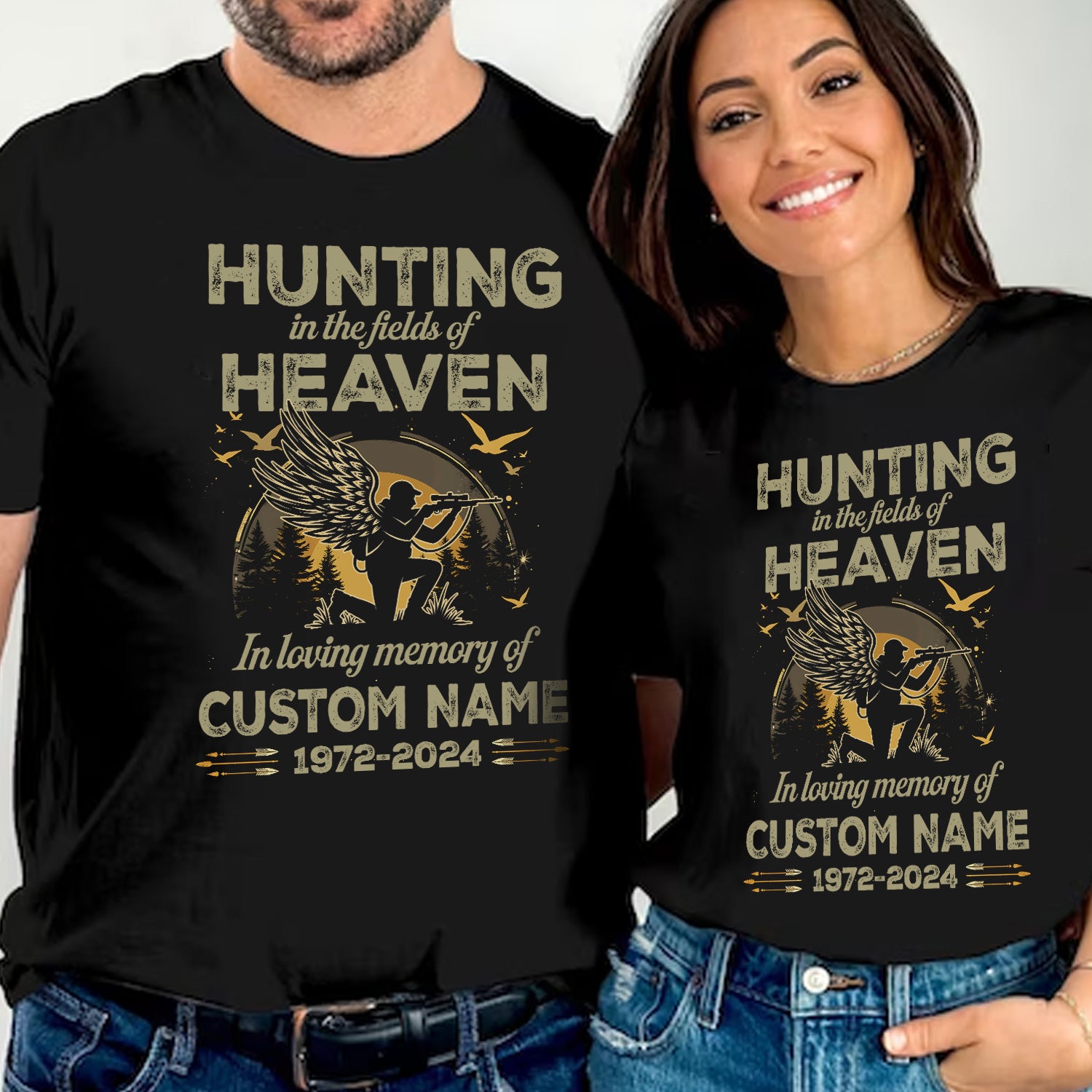 Personalized Hunting In The Fields Of Heaven Memorial T-Shirt – In Loving Memory Gift