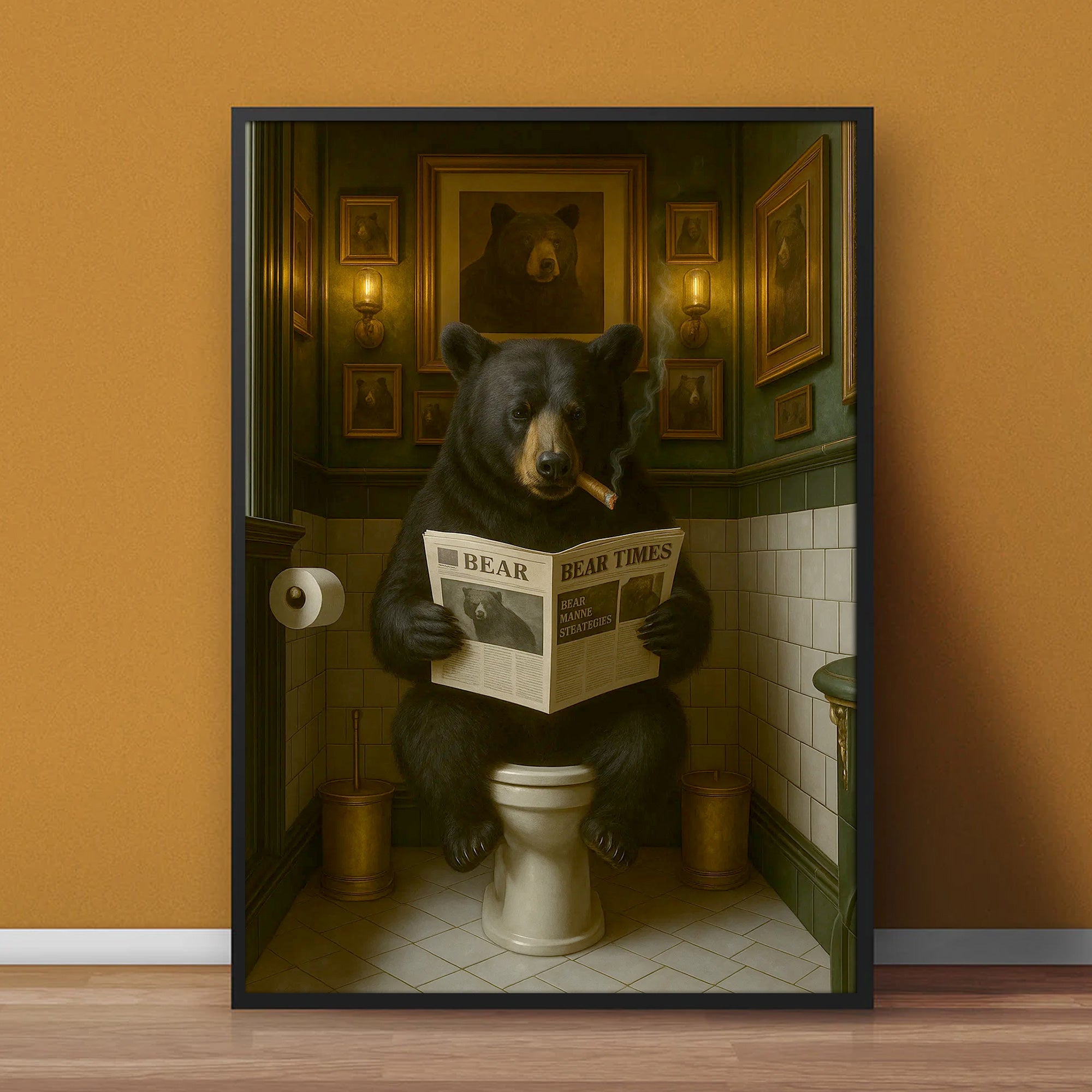 Funny Bear Hunting Bathroom Canvas – Black Bear On Toilet Reading Newspaper - Rustic Lodge Decor for Dad or Hunters