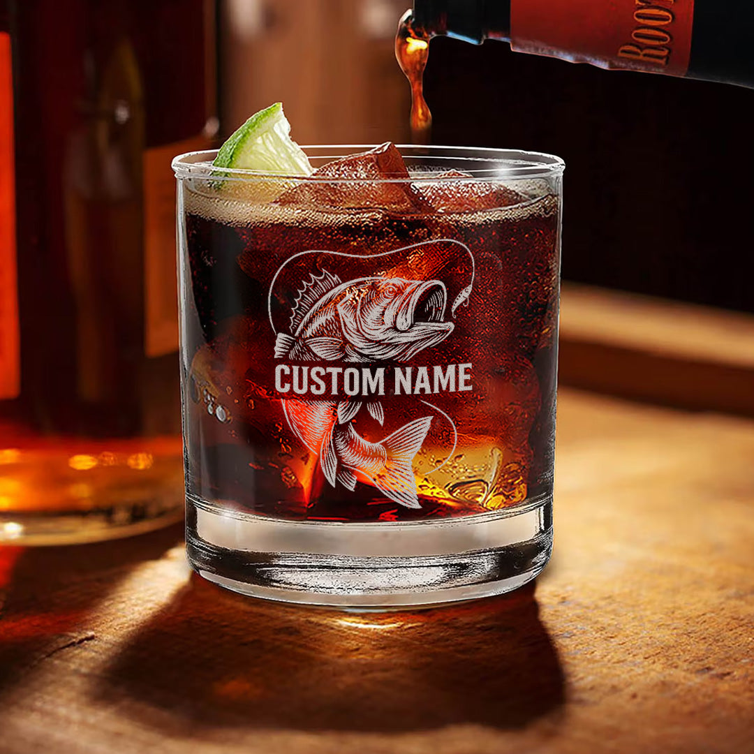 Personalized Whiskey Glass – Bass Fish Engraved Custom Glass, For Fishing Lovers, Man Cave Decor