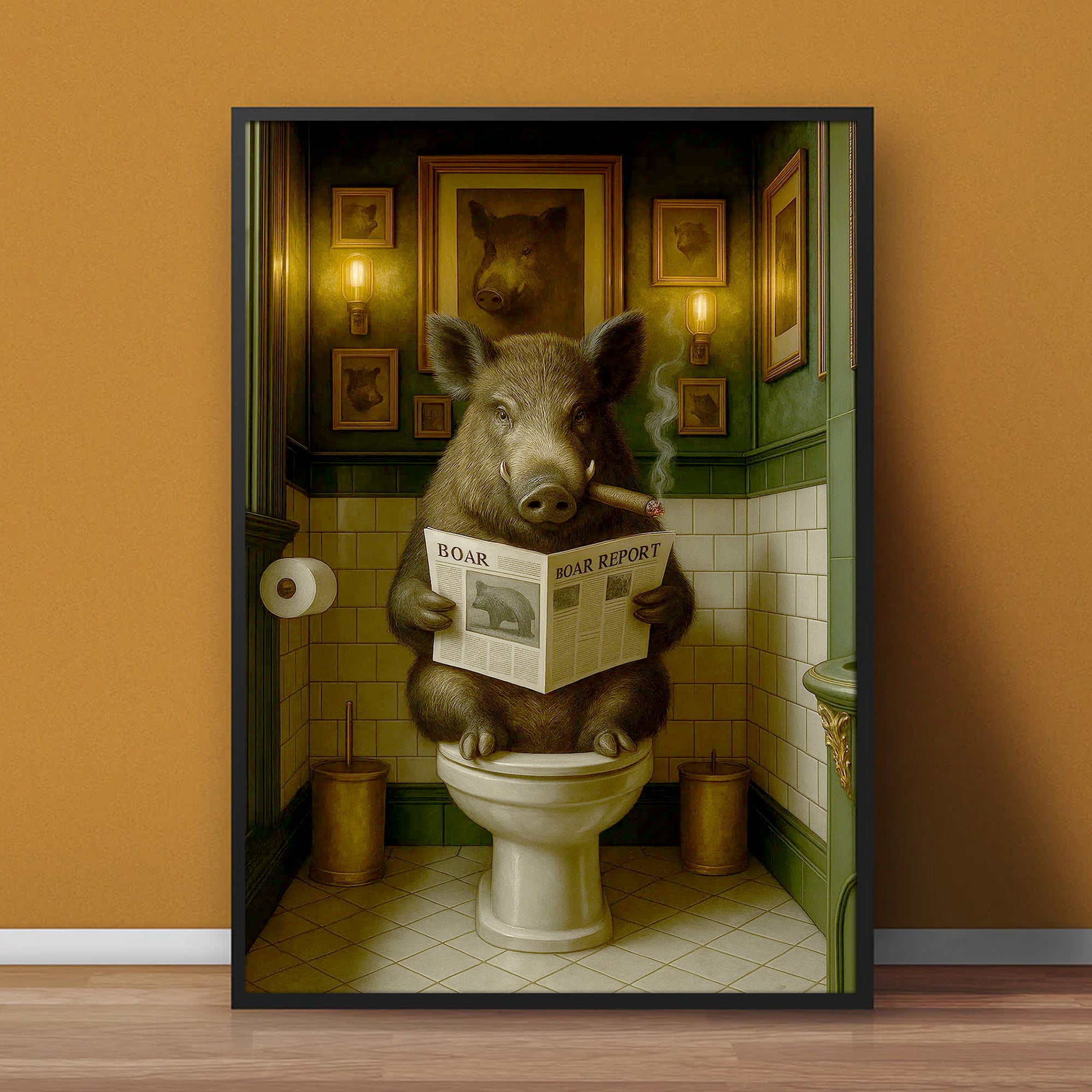 Boar Reading News Smoking Bathroom Wall Art – Rustic Decor for Men, Hilarious Gift for Men, Hunter