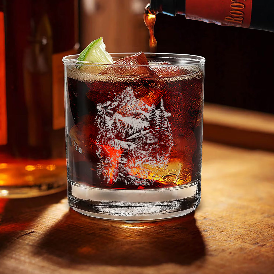 Deer Forest Whiskey Glass – Custom Engraved Mountain Cabin Hunting Gift for Outdoorsmen 2025