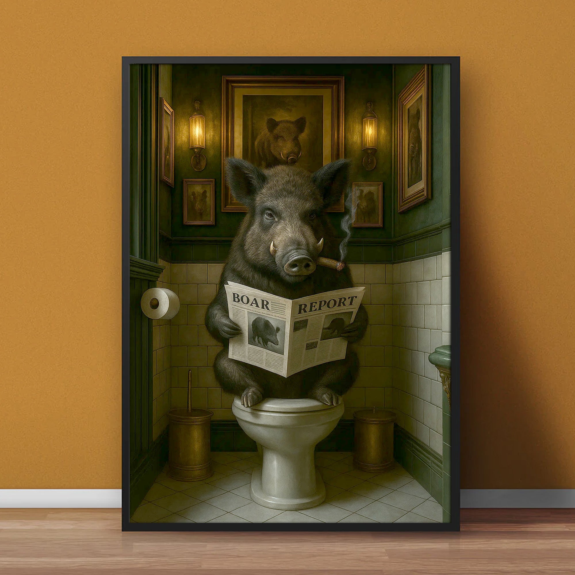 Funny Comical Wild Hog Poster – Smoking Boar on Toilet - Unique Rustic Gift for Hunters or Cabin Bathroom Decor