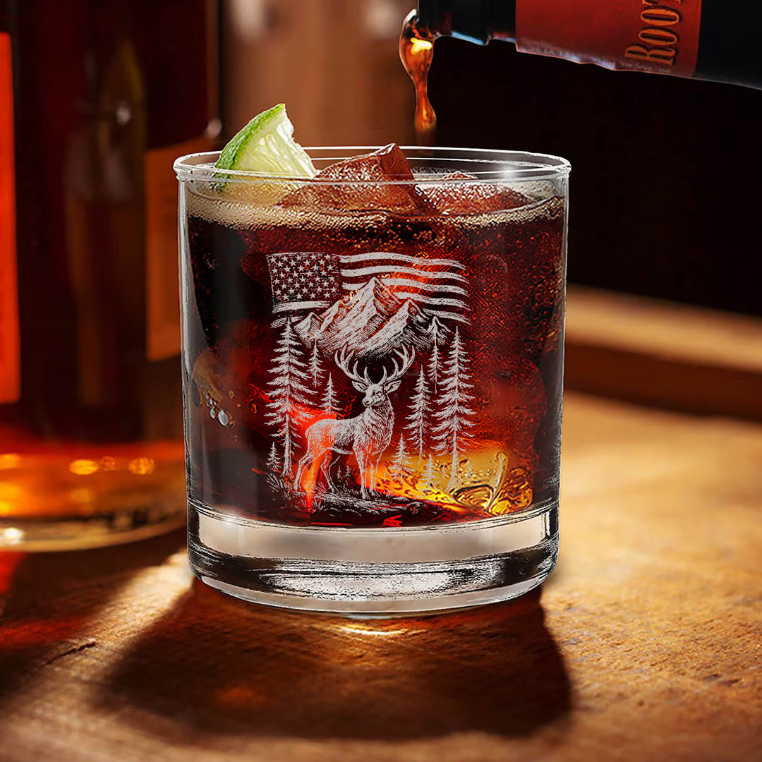 Patriotic Deer Whiskey Glass – Custom Engraved American Flag Hunting Gift for Outdoorsmen 2025 Limited Edition