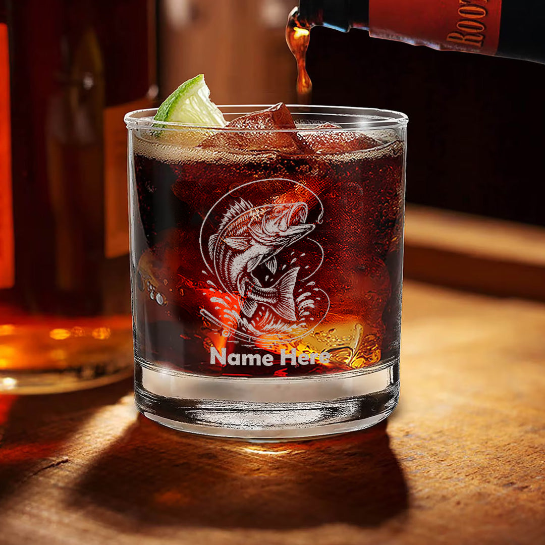 Custom Name Bass Fishing Whiskey Glass – Personalized Engraved Fisherman Gift 2025 Limited Edition