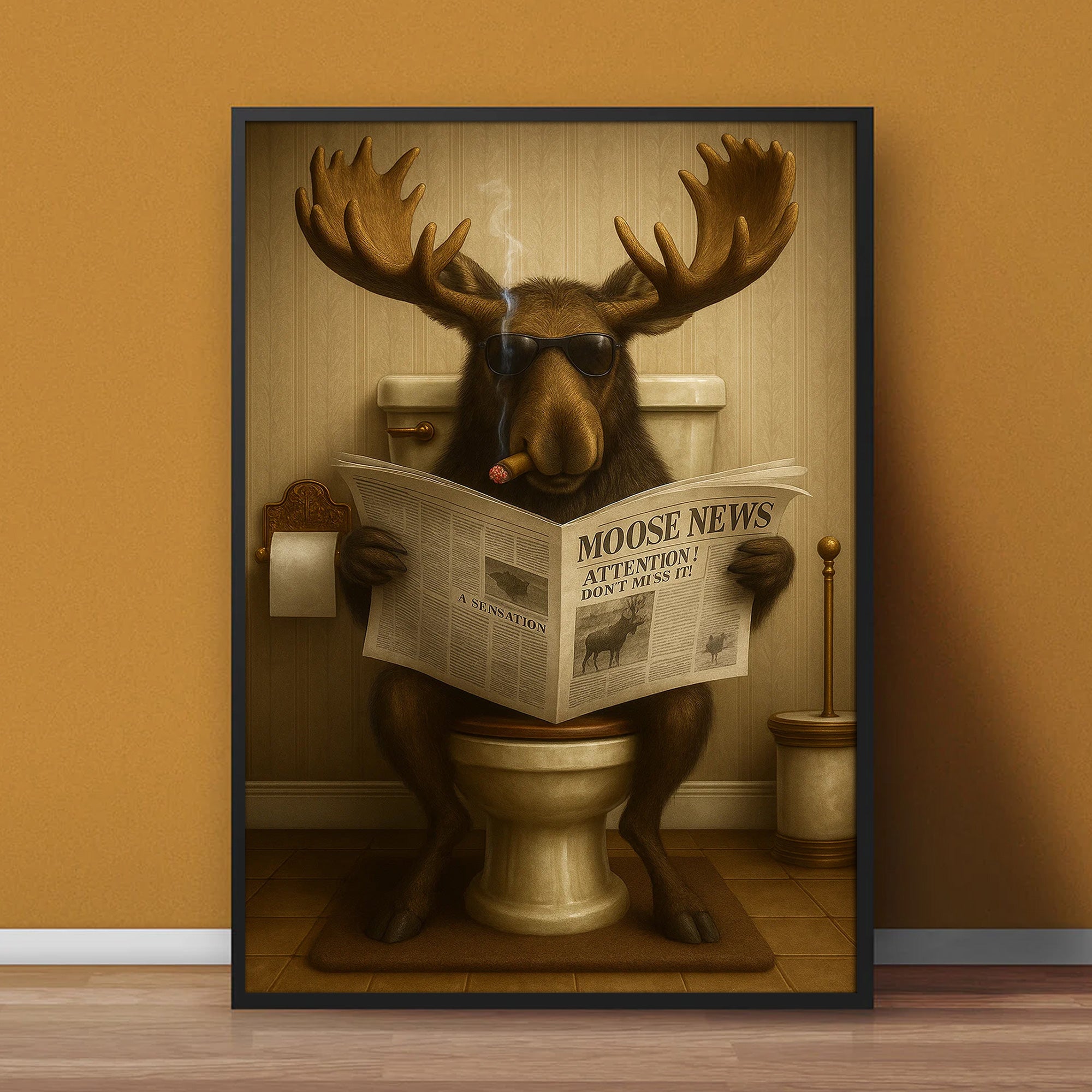 Funny Elk Hunting Lodge Moose Bathroom Canvas Wall Art – Wildlife Animal Poster - Unique Gift for Dad, Hunters & Outdoorsmen