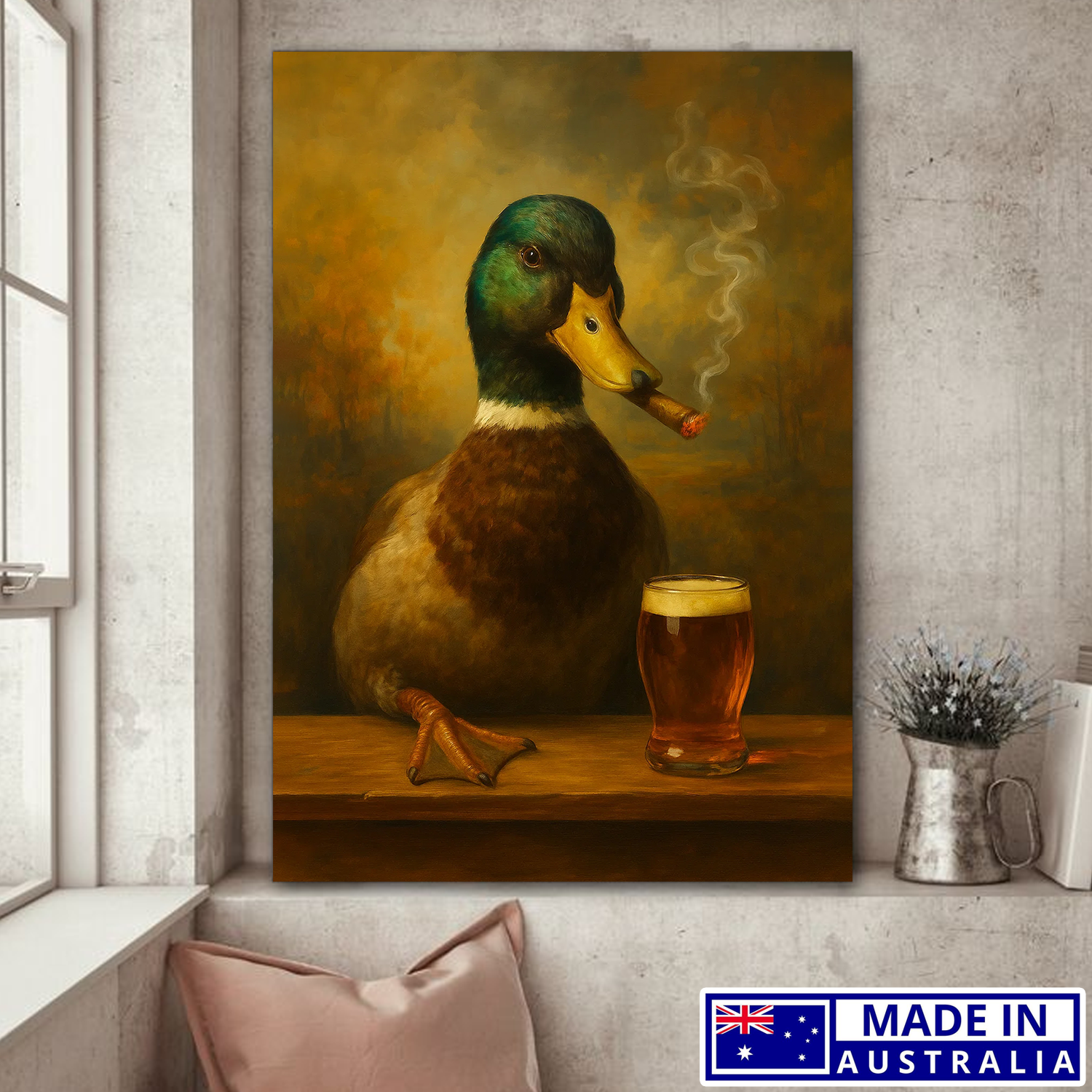 Funny Duck Smoking & Cocktail Glasses Canvas Wall Art – Retro Hunter Gift Made in Australia