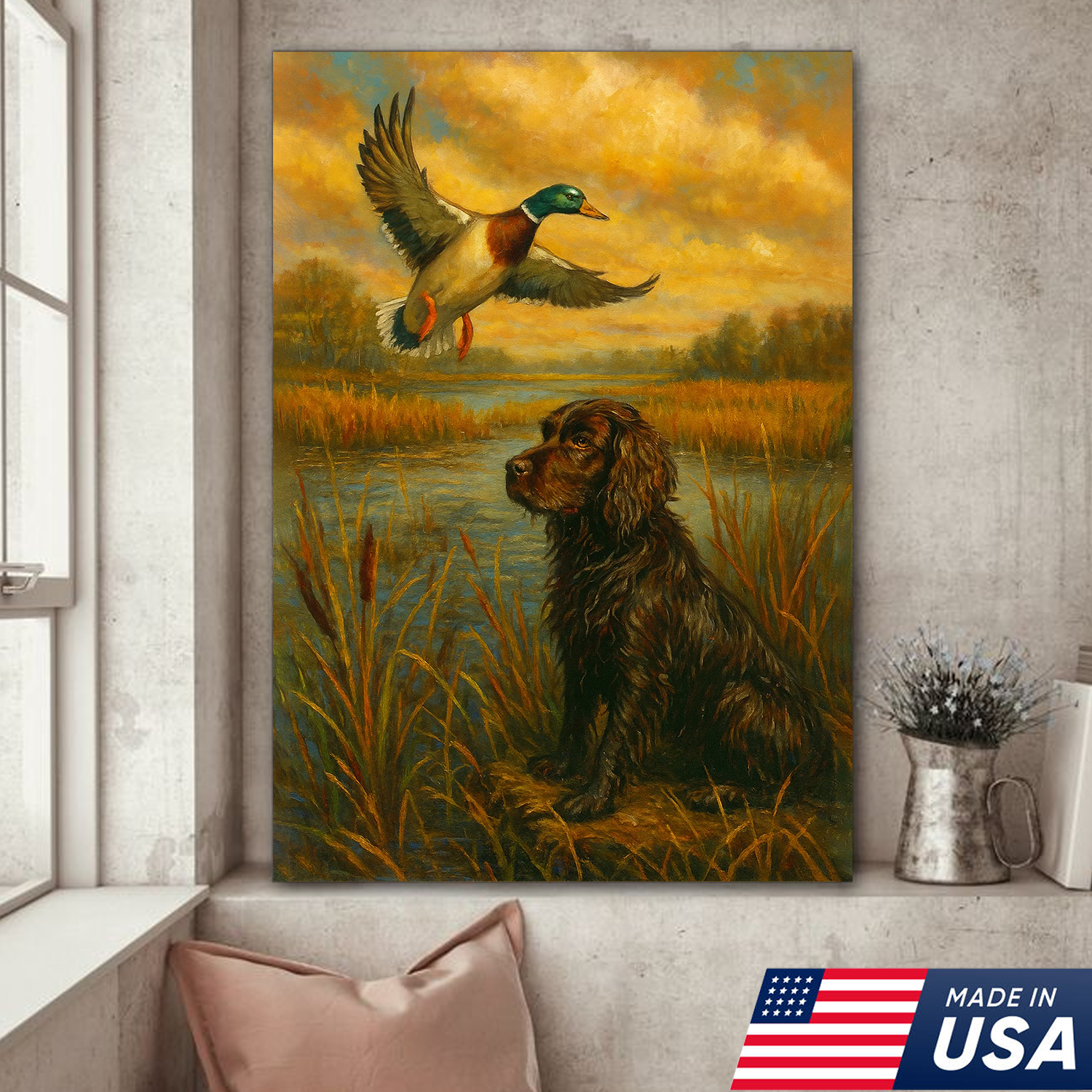 Hunting Dog & Mallard Duck Canvas Wall Art – Rustic Cabin Decor