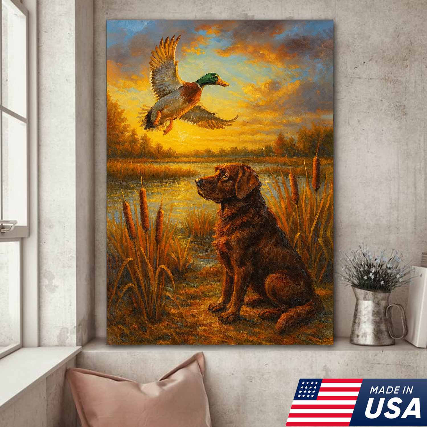 Hunting Dog & Mallard Canvas Wall Art – Rustic Wildlife Painting Made in USA