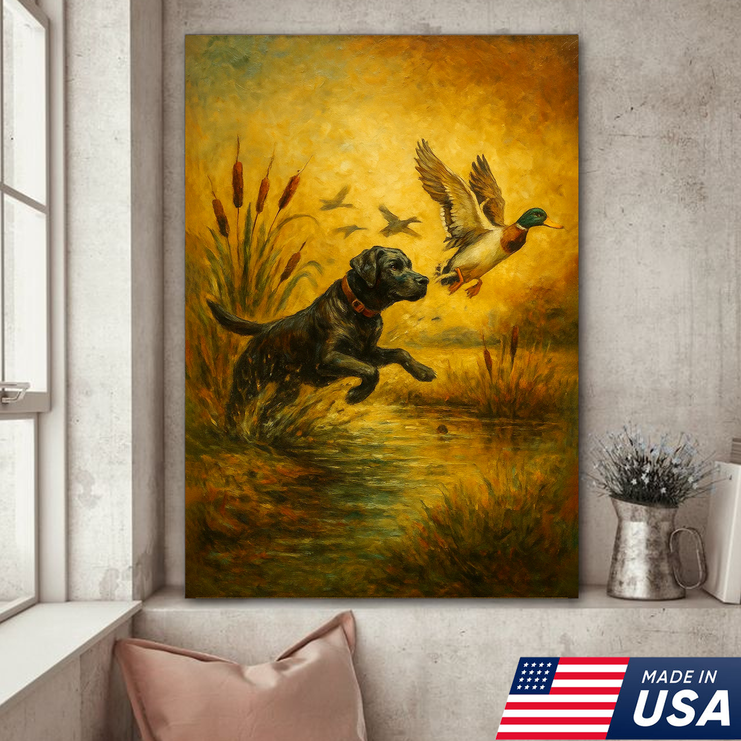 Hunting Labrador Retriever Dog And Duck Canvas Wall Art, Perfect Gift for Hunters & Dog Lovers