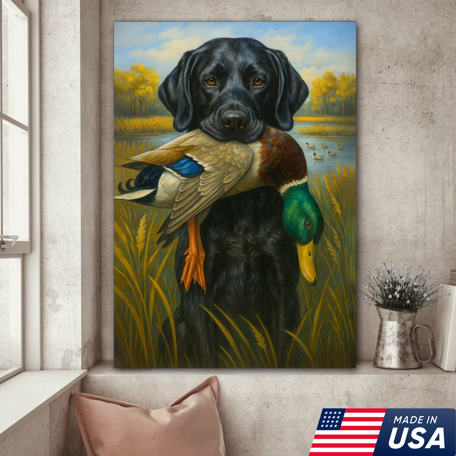 Hunting Dog Canvas Wall Art – Black Labrador Retriever with Duck, Rustic Cabin & Man Cave Decor, Made in USA