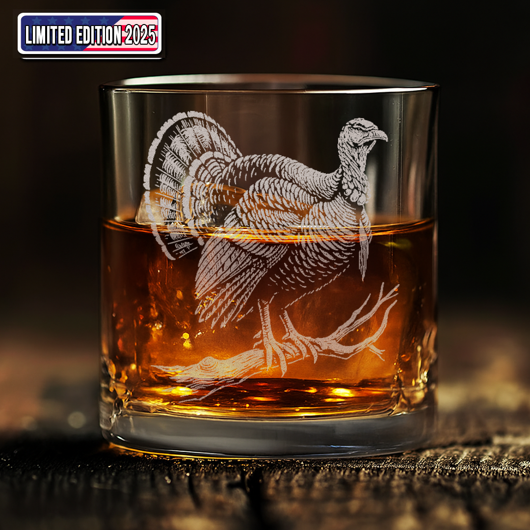 Turkey Whiskey Glass, Custom Engraved Rocks Glass, Rustic Hunting Gift for Outdoorsmen & Whiskey Lovers