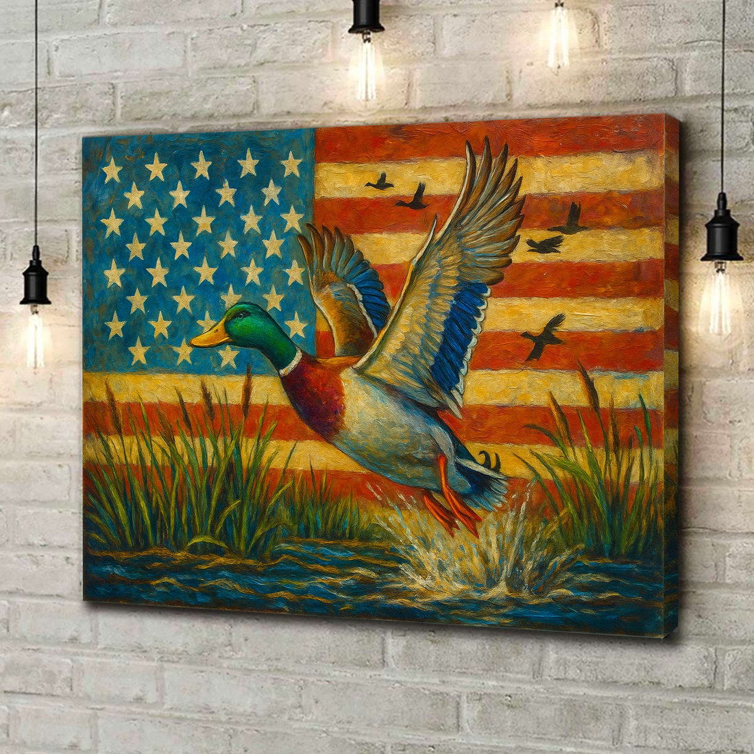 Duck Hunting Canvas – Mallard Flying with American Flag Rustic Wall Art for Hunters, Man Cave & Cabin Décor