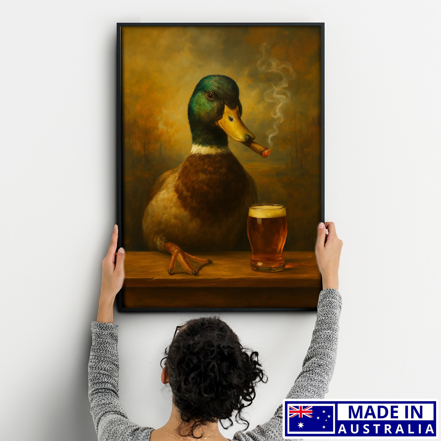 Funny Duck Smoking & Cocktail Glasses Canvas Wall Art – Retro Hunter Gift Made in Australia