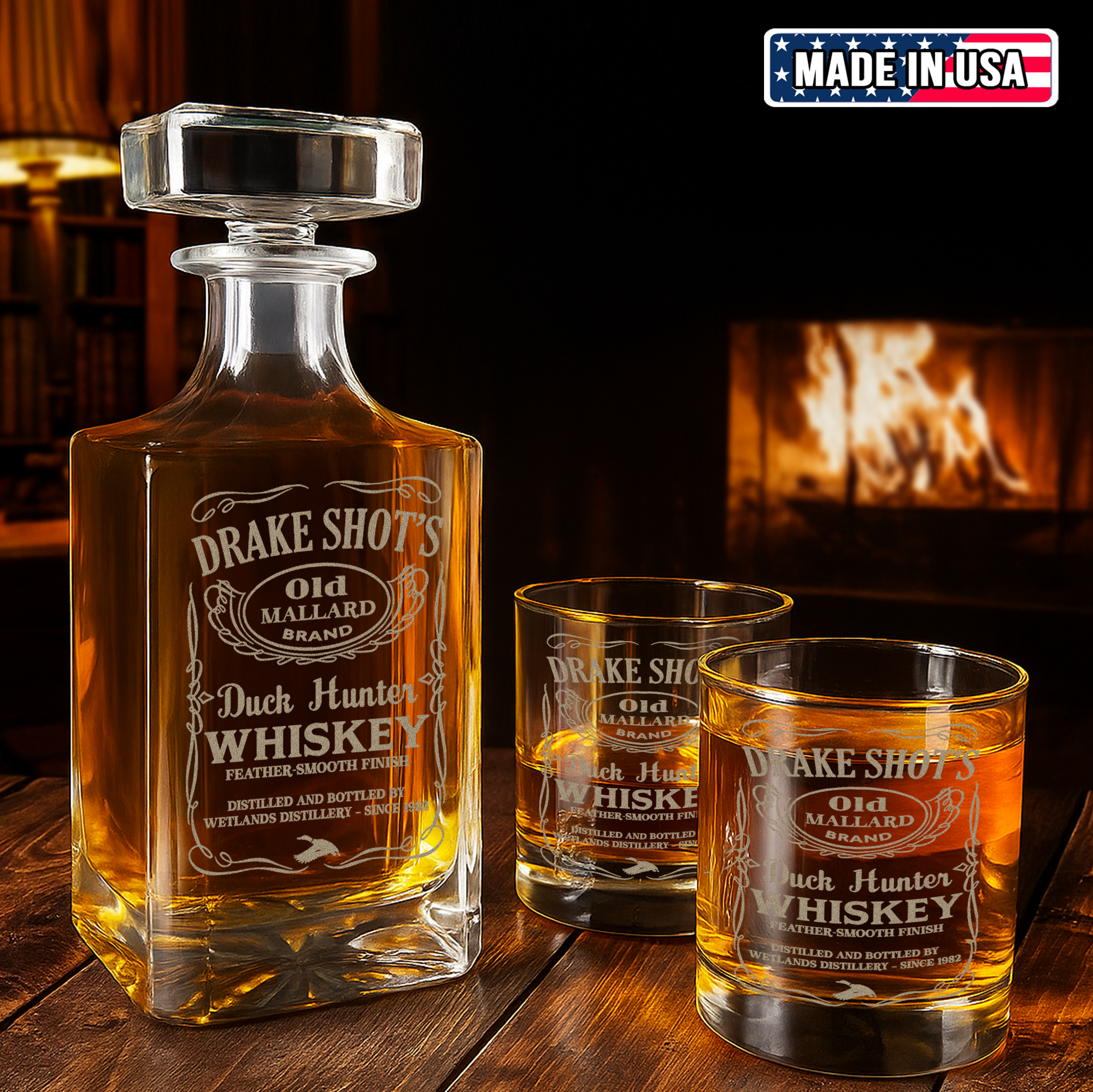 Drake Shot’s Whiskey Decanter Set – Engraved Duck Hunter Glass Barware Gift For Waterfowl Hunters & Drinking Lovers