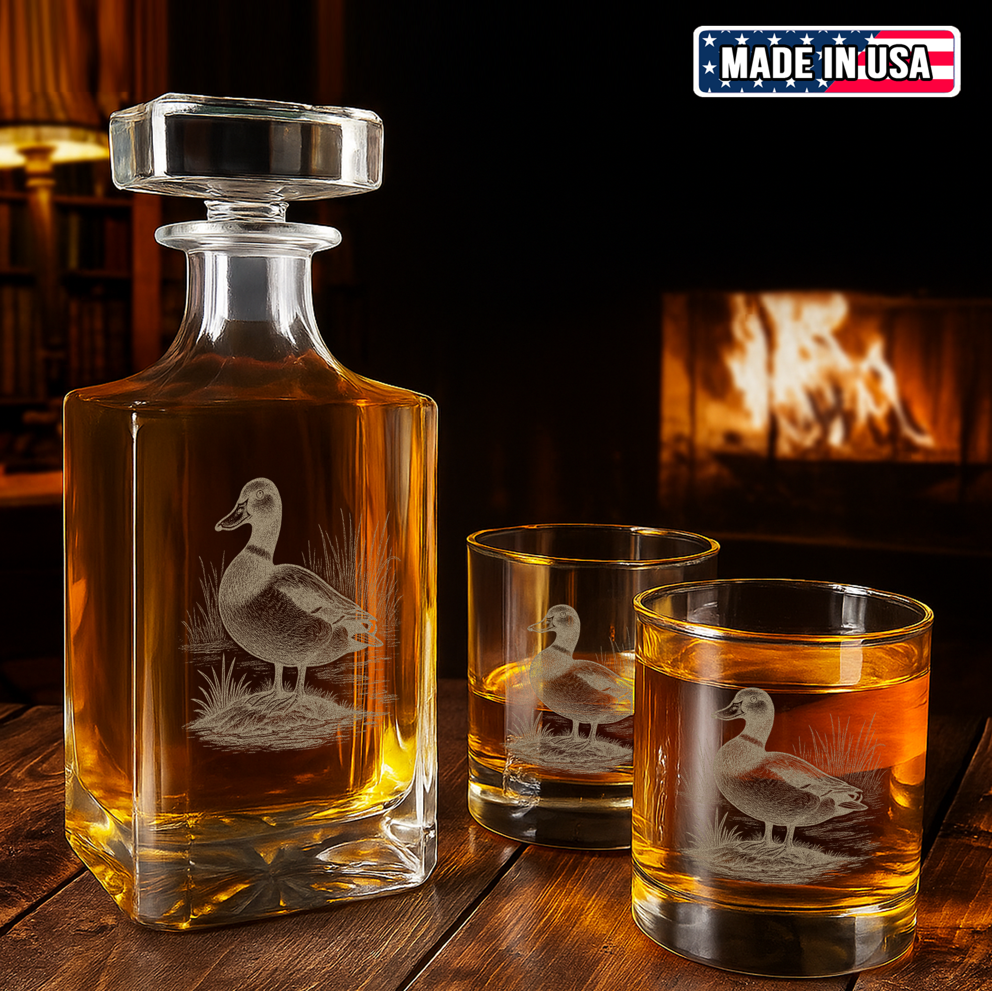 Duck Hunting Whiskey Decanter Set – Engraved Glass Barware Gift for Hunters & Drinking Lovers