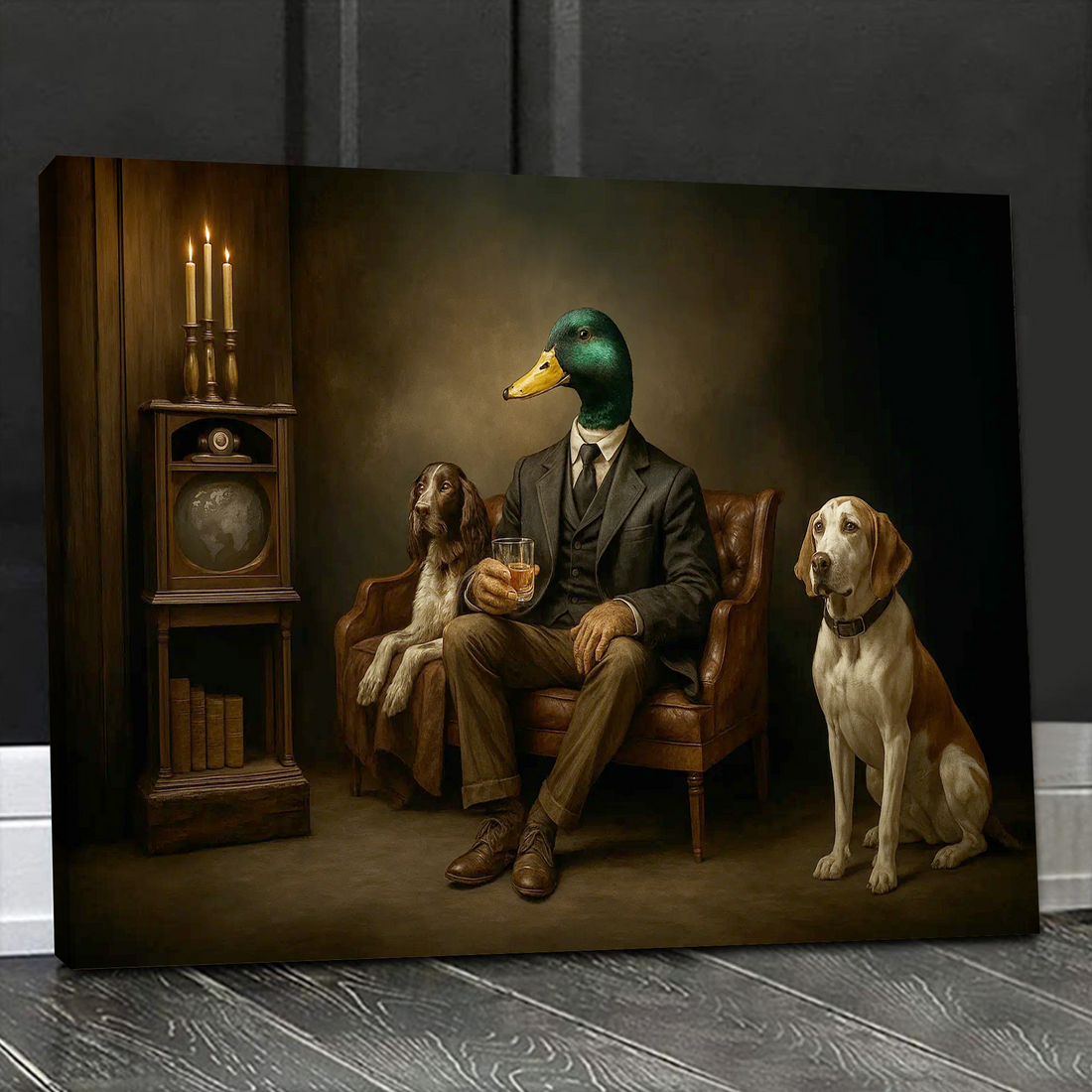Gentleman Duck Canvas Wall Art – Rustic Whiskey Lounge & Hunting Lodge Decor, Man Cave Dog Lover Gift