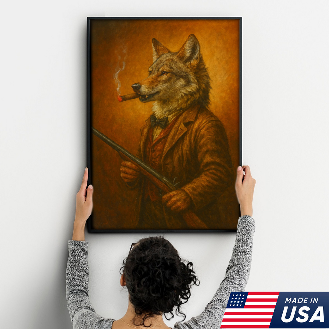 Wolf Smoking Canvas Wall Art – Vintage Hunter Style Painting, Rustic Cabin Lodge Decor