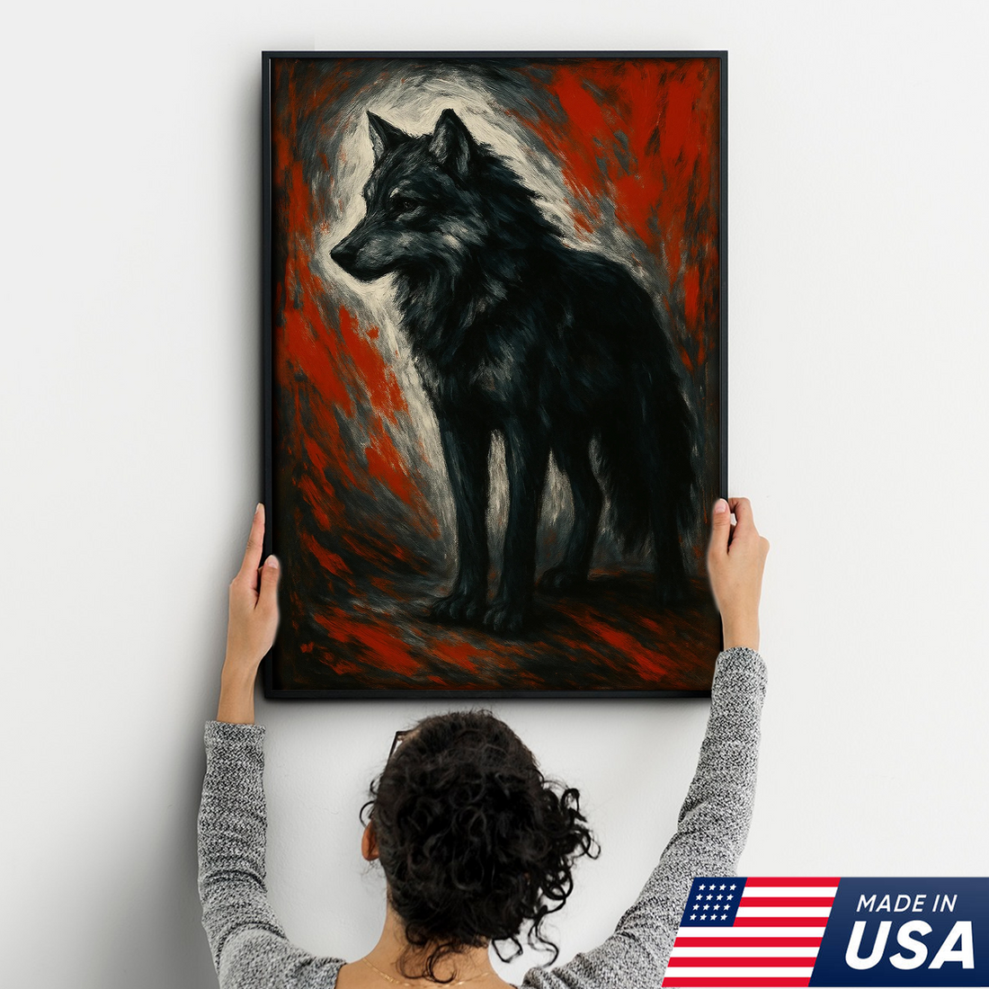 Black Wolf Canvas Wall Art – Rustic Wildlife Decor for Cabin, Lodge & Man Cave