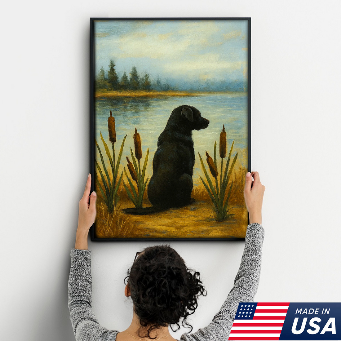 Black Labrador Hunting Dog Canvas Wall Art – Rustic Cabin Lodge Lake Decor, Gift For Hunters