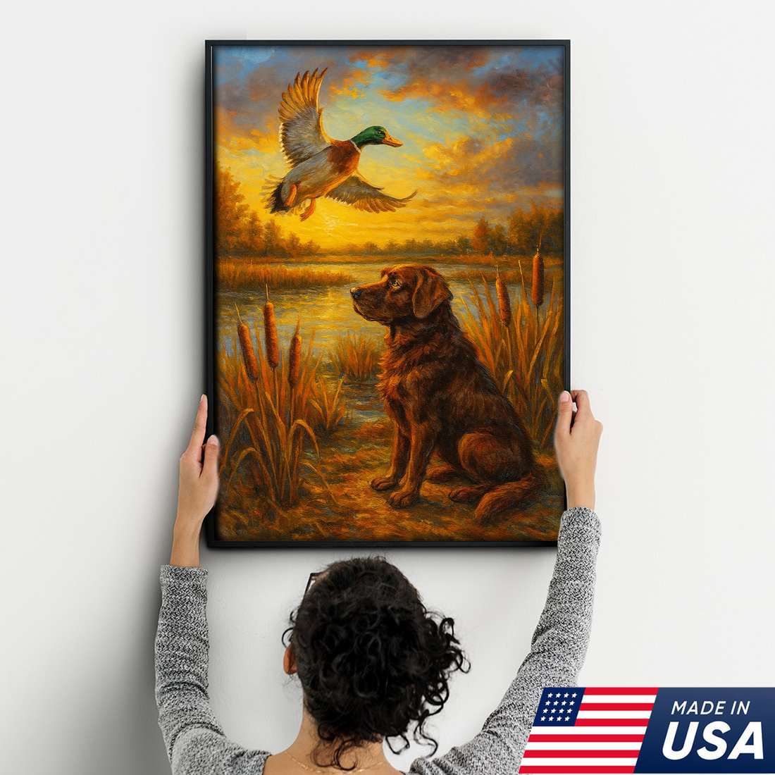 Hunting Dog & Mallard Canvas Wall Art – Rustic Wildlife Painting Made in USA
