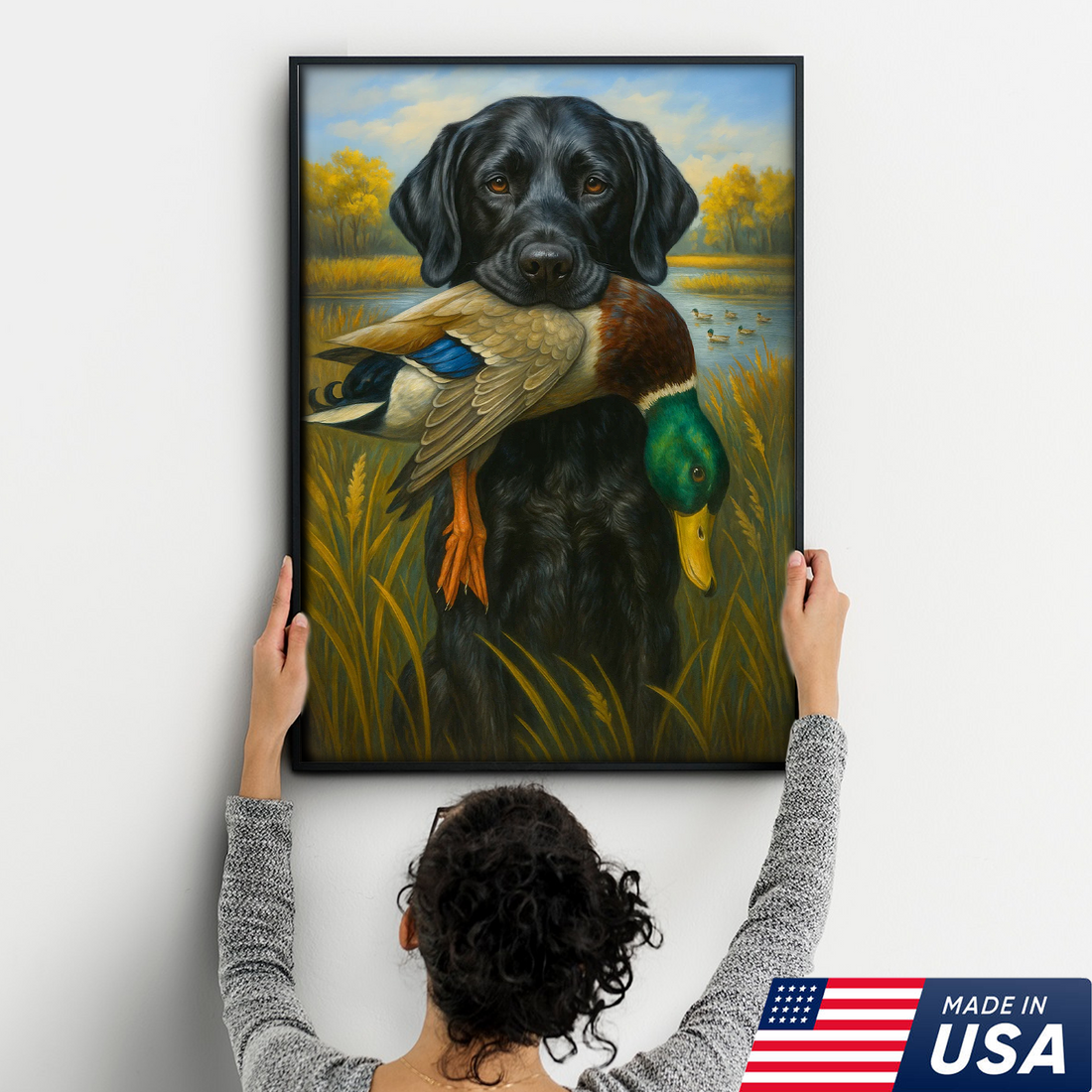 Hunting Dog Canvas Wall Art – Black Labrador Retriever with Duck, Rustic Cabin & Man Cave Decor, Made in USA