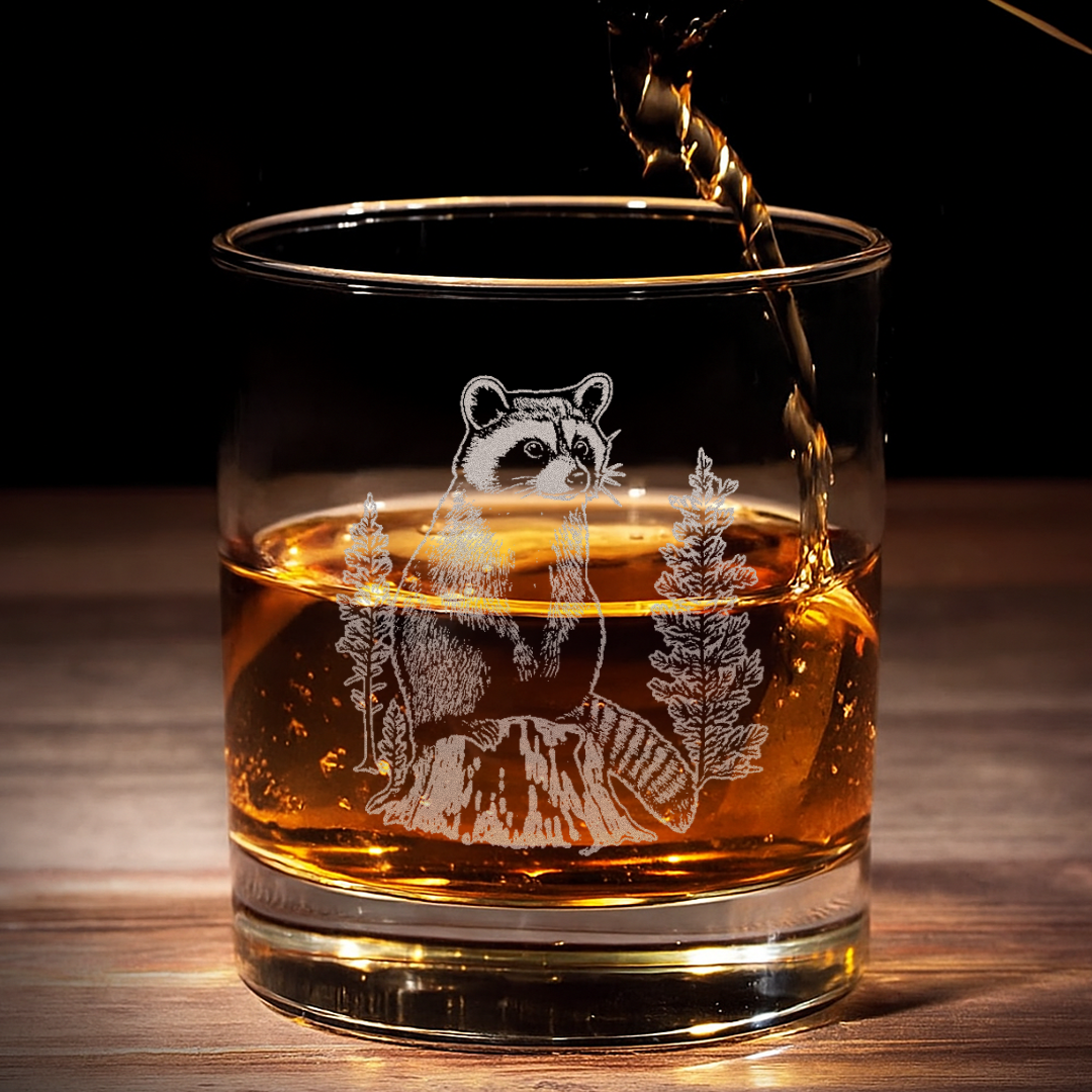 Raccoon In Forest Engraved Whiskey Glass, Wildlife Raccoon Rocks Glass Gift for Whiskey Lovers & Hunters
