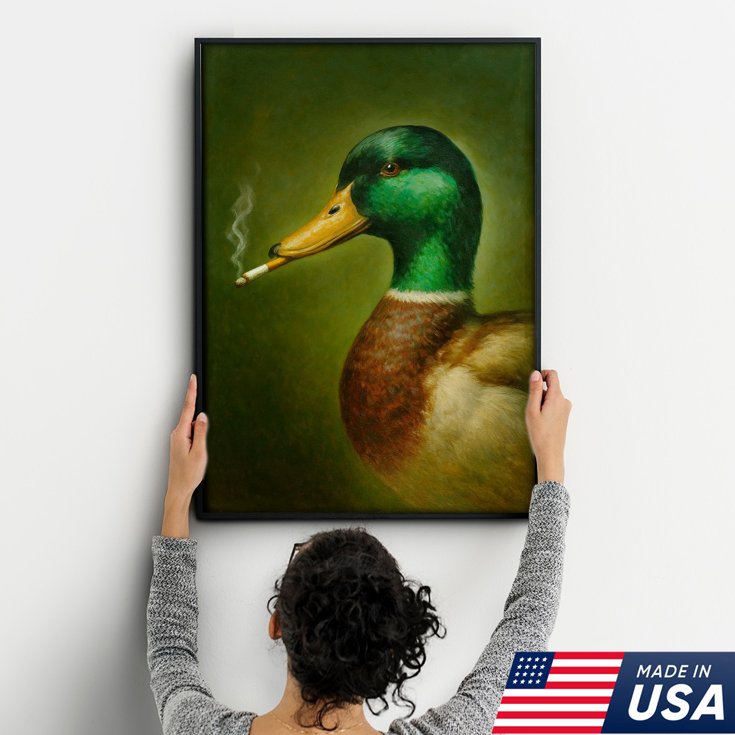 Funny Duck Smoking Canvas Wall Art, Rustic Hunting Lodge Decor, Gift for Hunters & Outdoorsmen