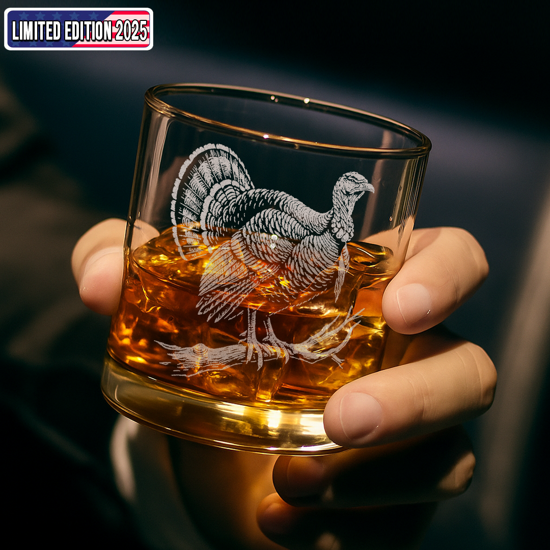 Turkey Whiskey Glass, Custom Engraved Rocks Glass, Rustic Hunting Gift for Outdoorsmen & Whiskey Lovers